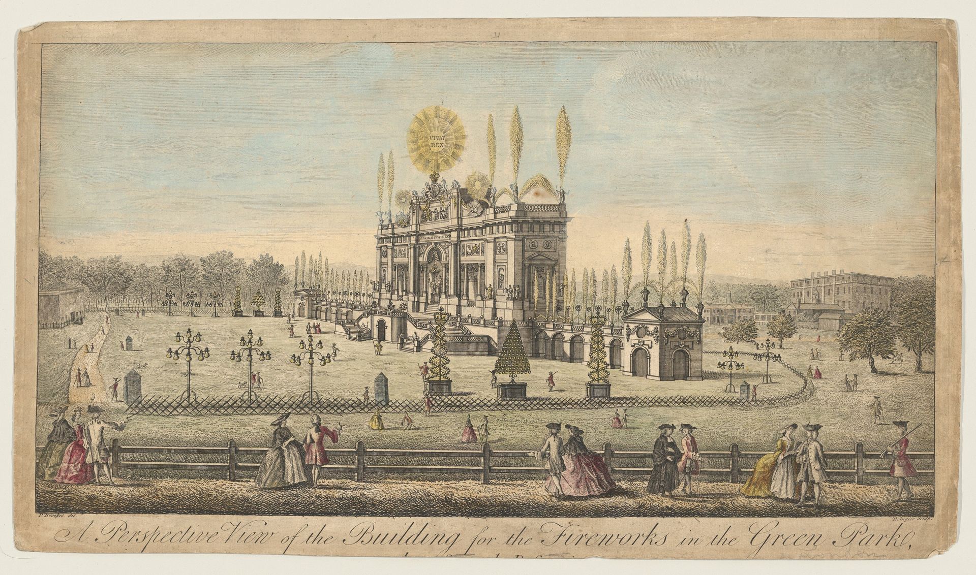 A Perspective View of the Building for the Fireworks in the Green Park taken from the Reservoir, London, 1814 by Paul Angier