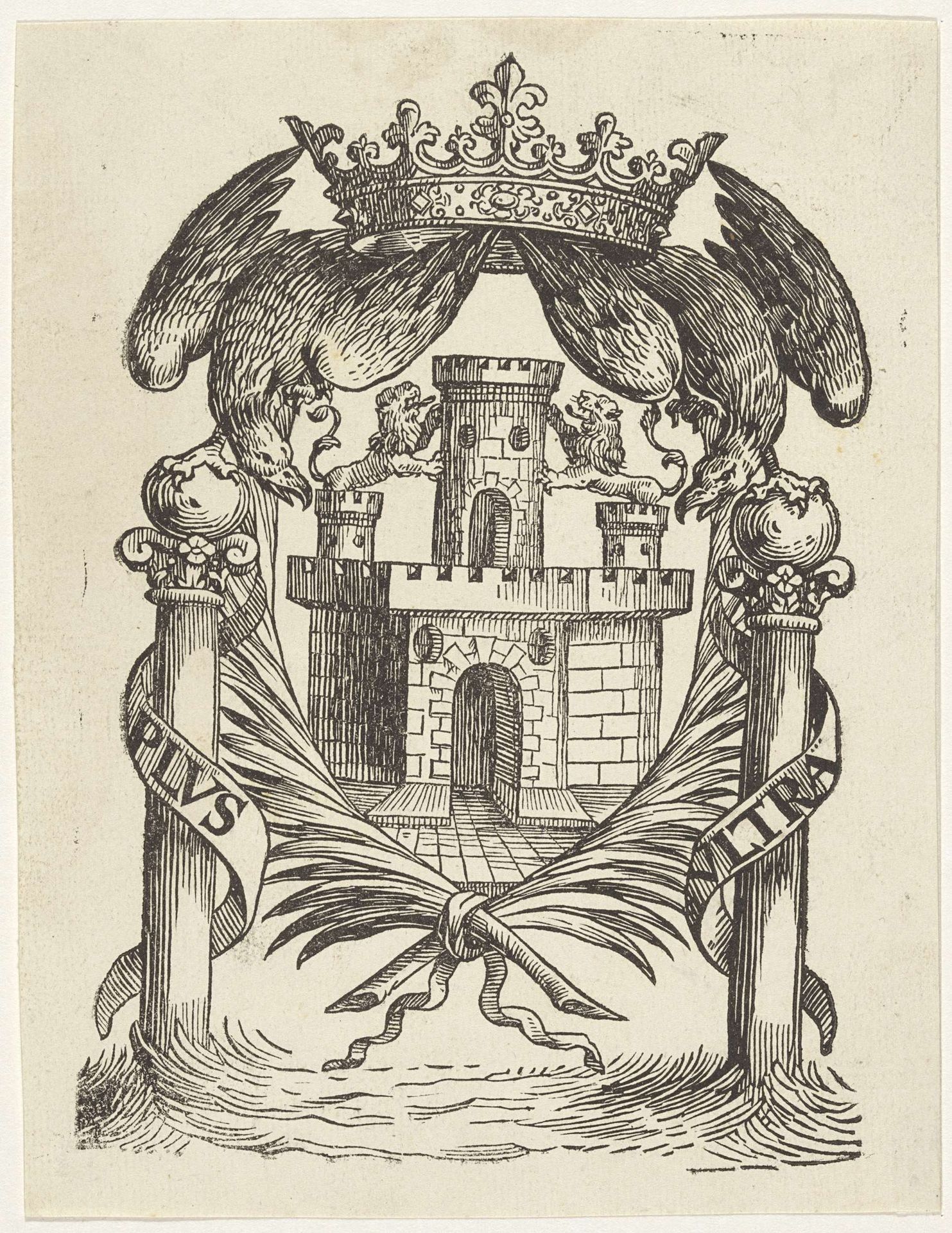 Kasteel met twee leeuwen in een omlijsting van twee lauwertakken, twee vogels en een kroon by Anonymous