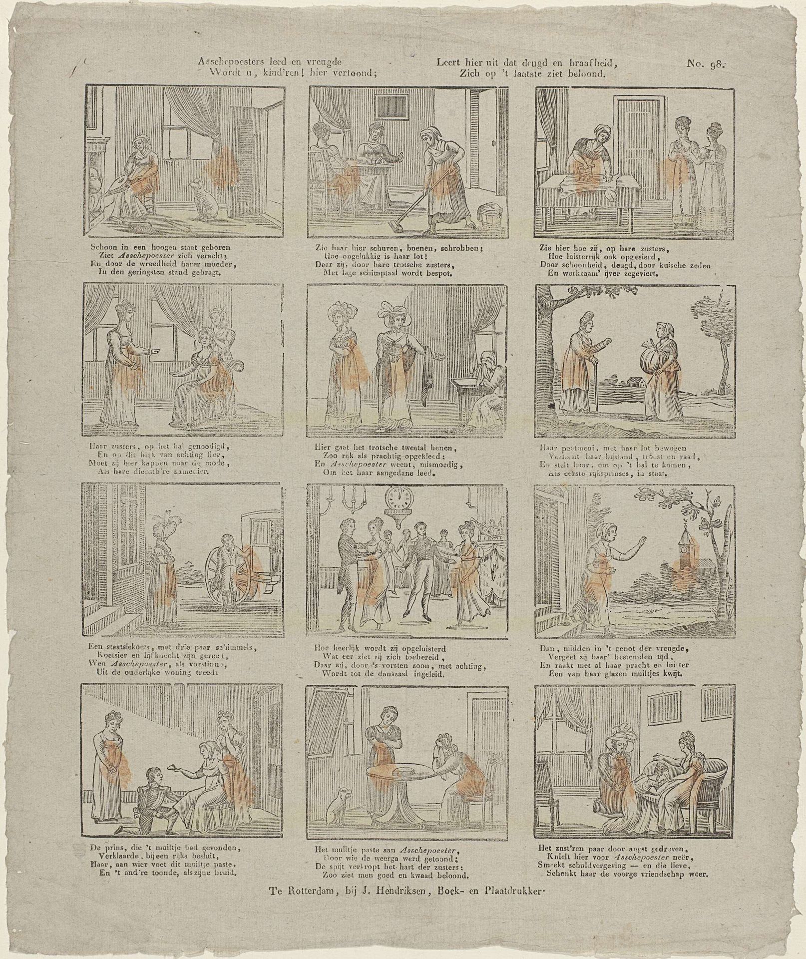 Asschepoesters leed en vreugde / Wordt u, kind'ren! hier vertoond; / Leert hier uit dat deugd en braafheid, / Zich op 't laatste ziet beloond by Jan Hendriksen