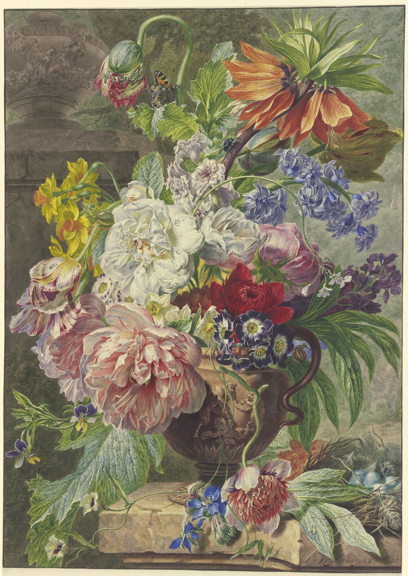 Still Life with Bouquet of Flowers and Bird’s Nest by Wybrand Hendriks