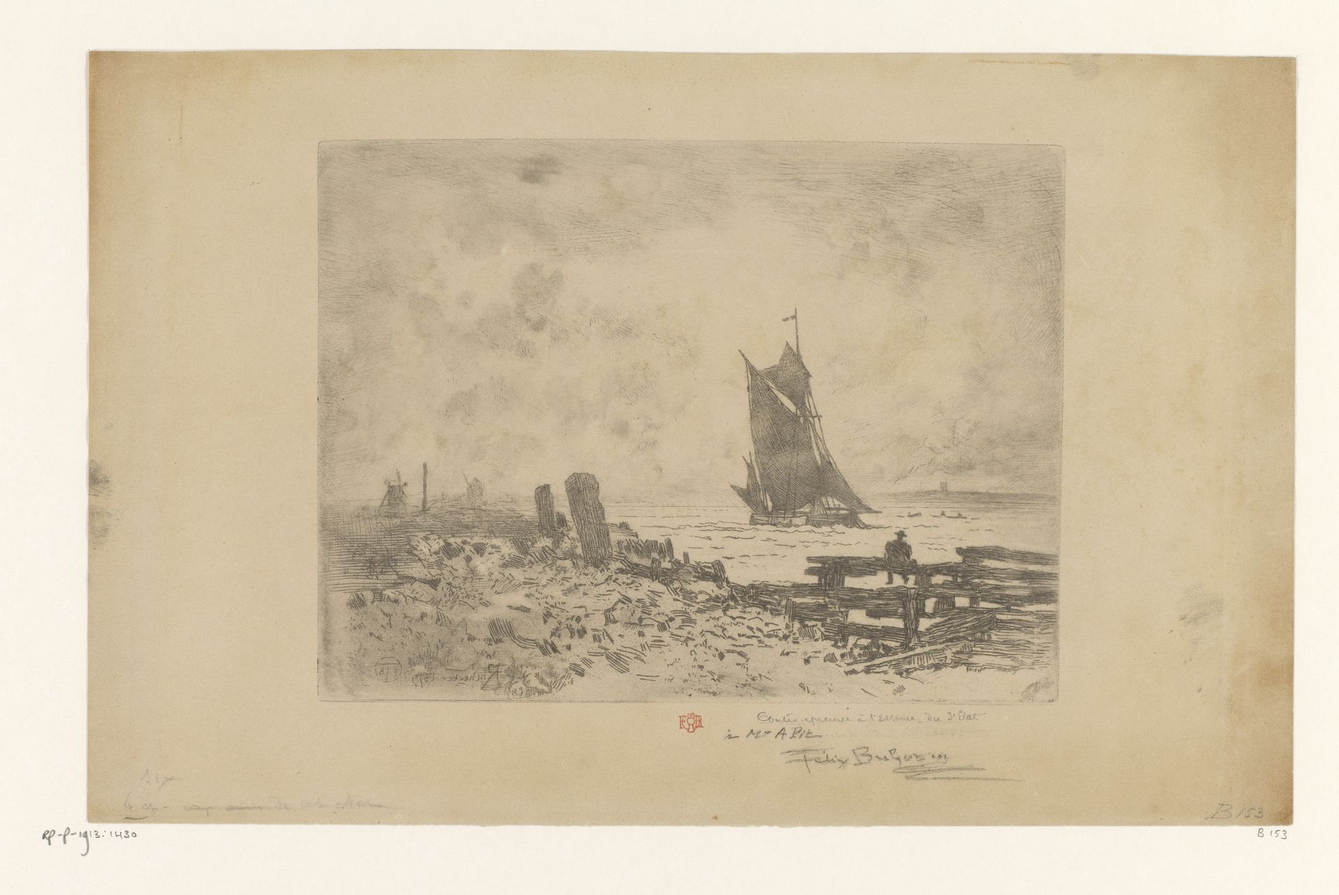 Zeegezicht met schip by Félix Hilaire Buhot