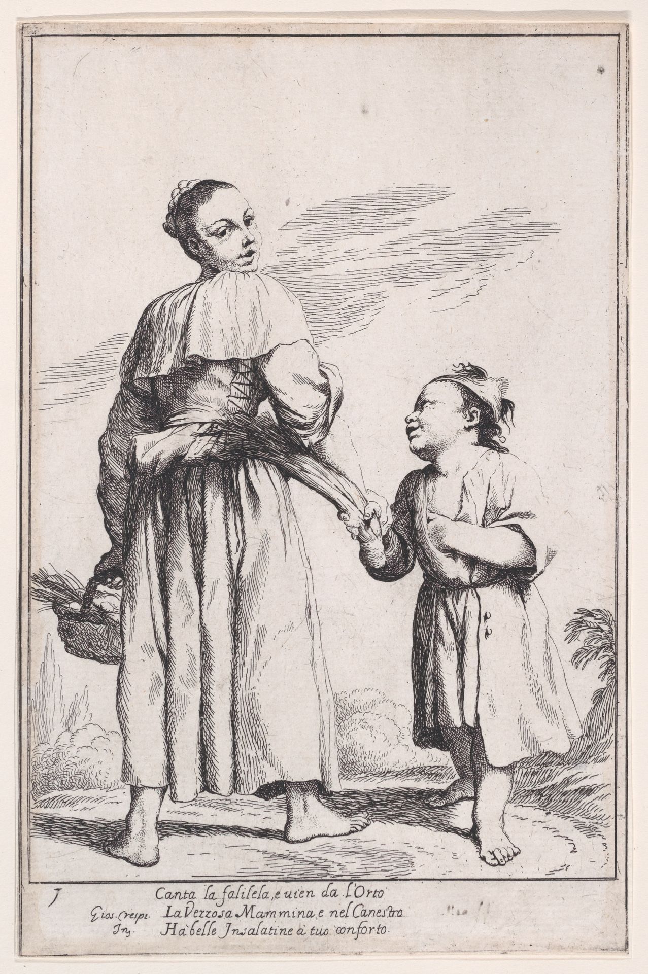 Plate 15: Menghina leaving the garden with a basket filled with herbs and encountering Cacasenno, from "Bertoldo, Bertoldino, and Cacasenno" by Giuseppe Maria Crespi