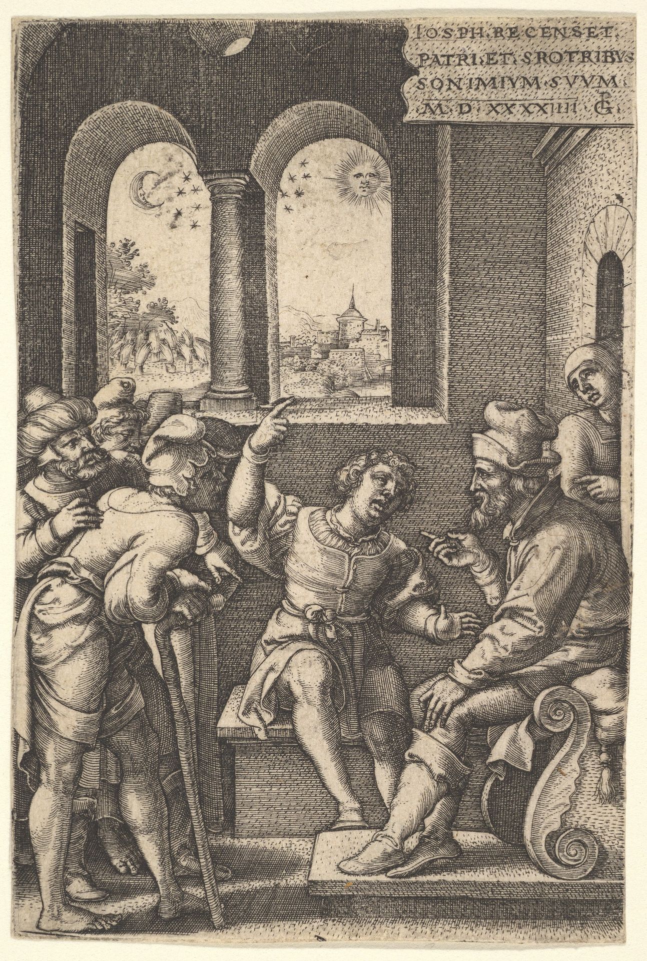 Joseph explains his dream to his brothers and father in an interior setting; the sun, moon, and stars above a landscape in the portal beyond, from the series 'The Story of Joseph' by Georg Pencz