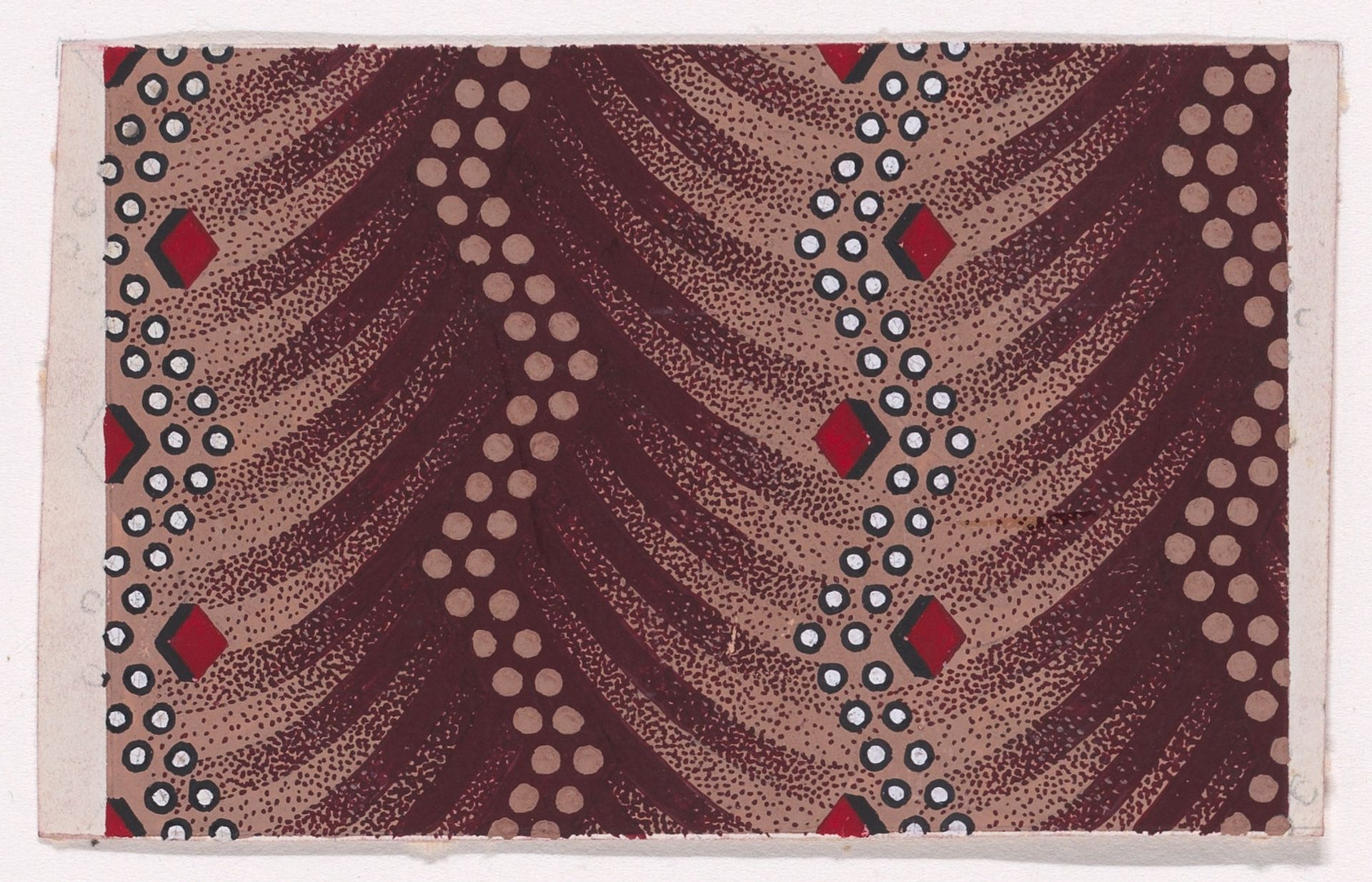 Textile Design with Alternating Vertical Zig-Zagging Strips of Dots and Zig-Zagging Strips of Pearls with Alternating Lozenges over a Background of Overlapping Scales by Anonymous