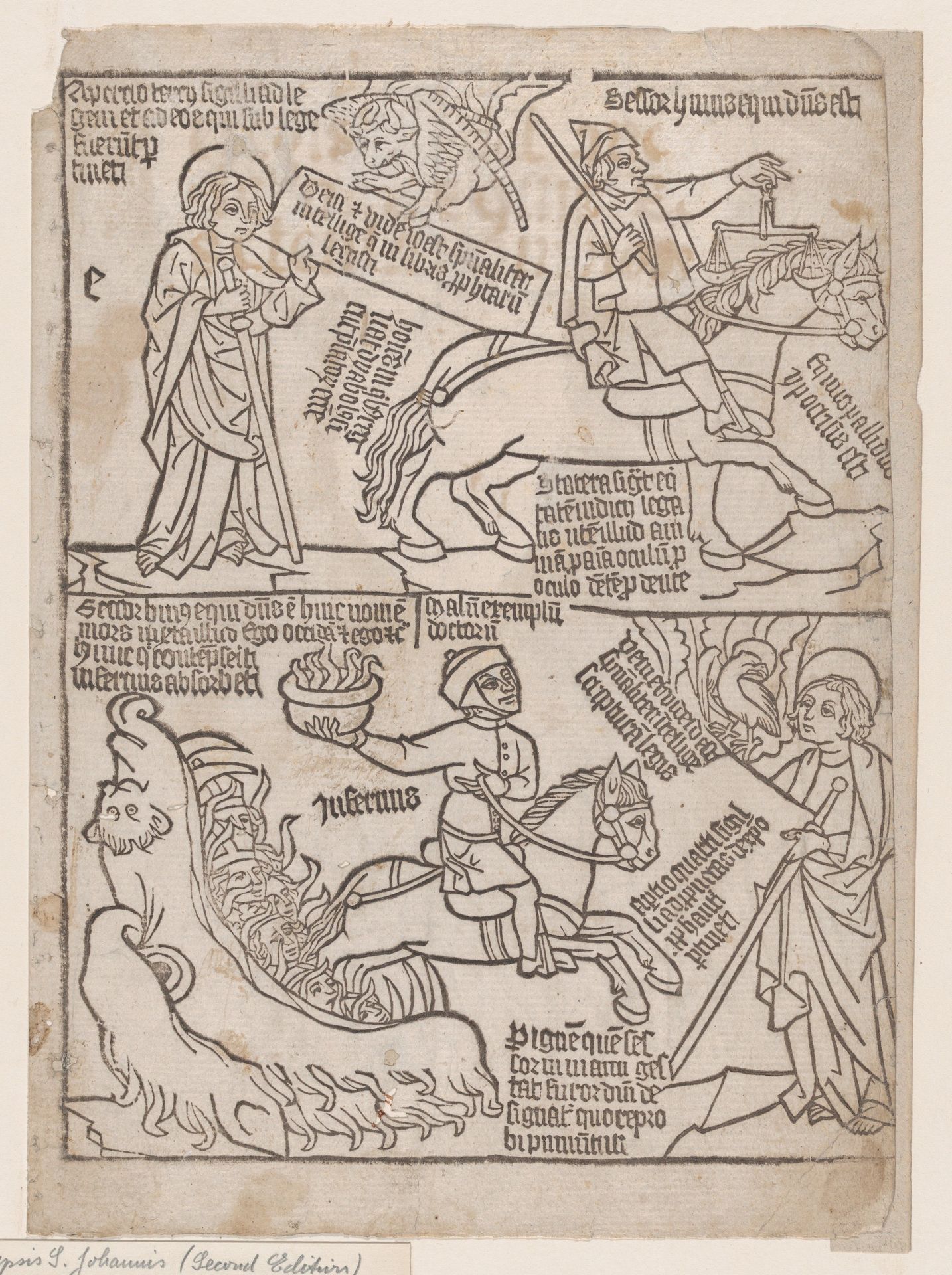 A Rider on a Black Horse with a Pair of Balances in His Hand; and A Pale Horse with Death as Its Rider, from an Apocalypse blockbook, 2nd edition by Anonymous
