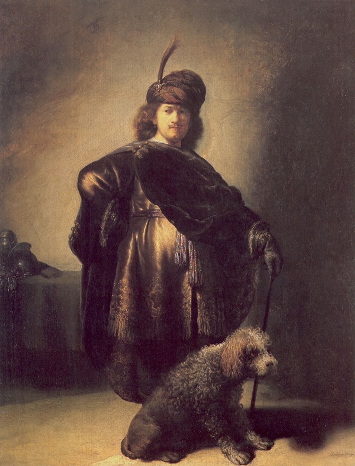 Self-portrait in oriental attire with poodle by Rembrandt van Rijn