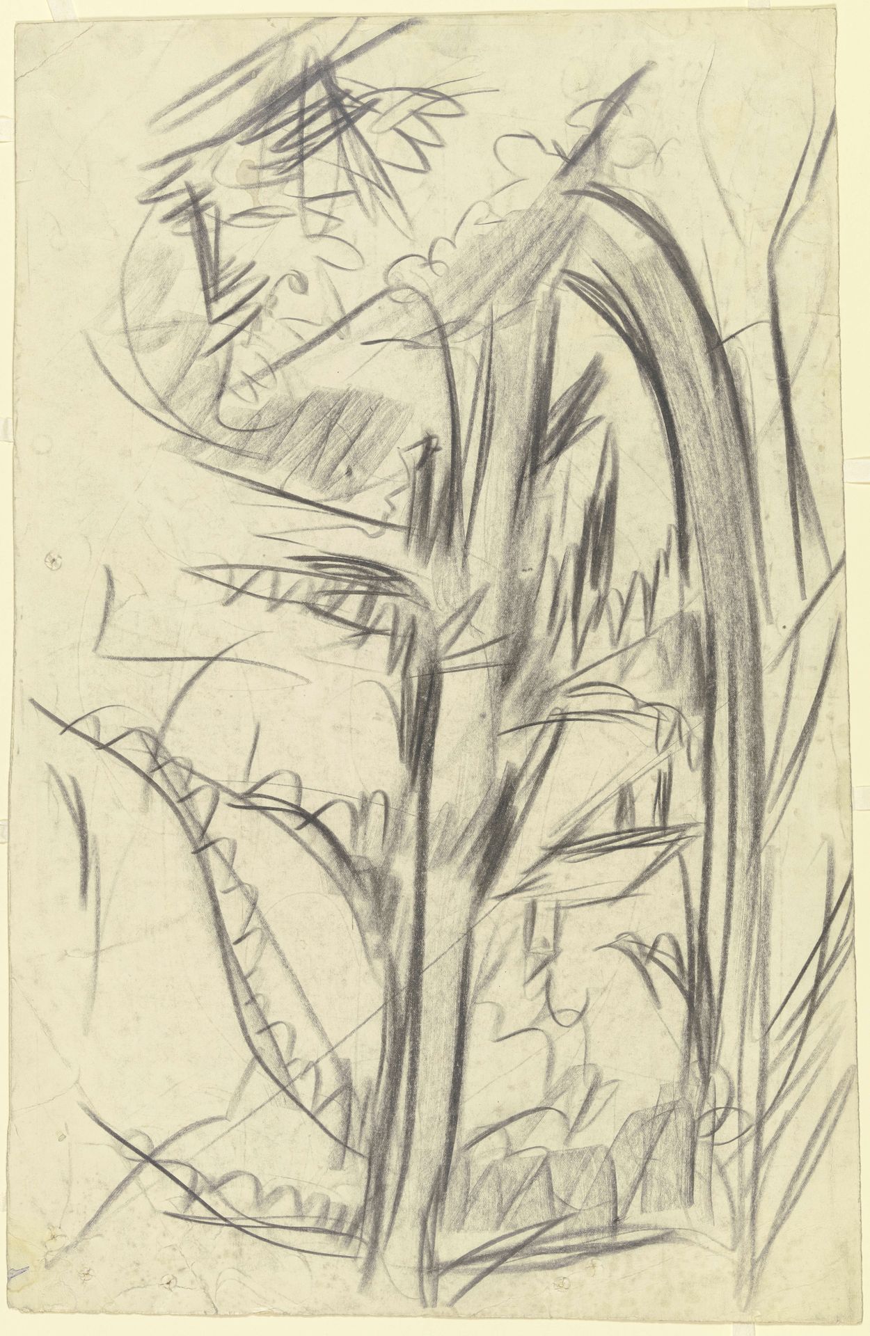 Blick durch zwei Fichten auf eine Hütte by Ernst Ludwig Kirchner