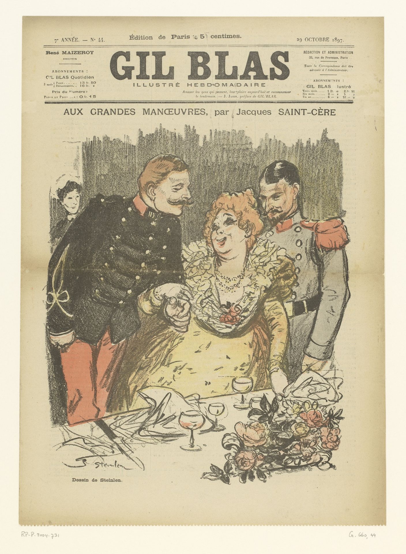 Mannelijke militair en vrouw gearmd voor tafel met drinkglazen en bloemen by Théophile Alexandre Steinlen