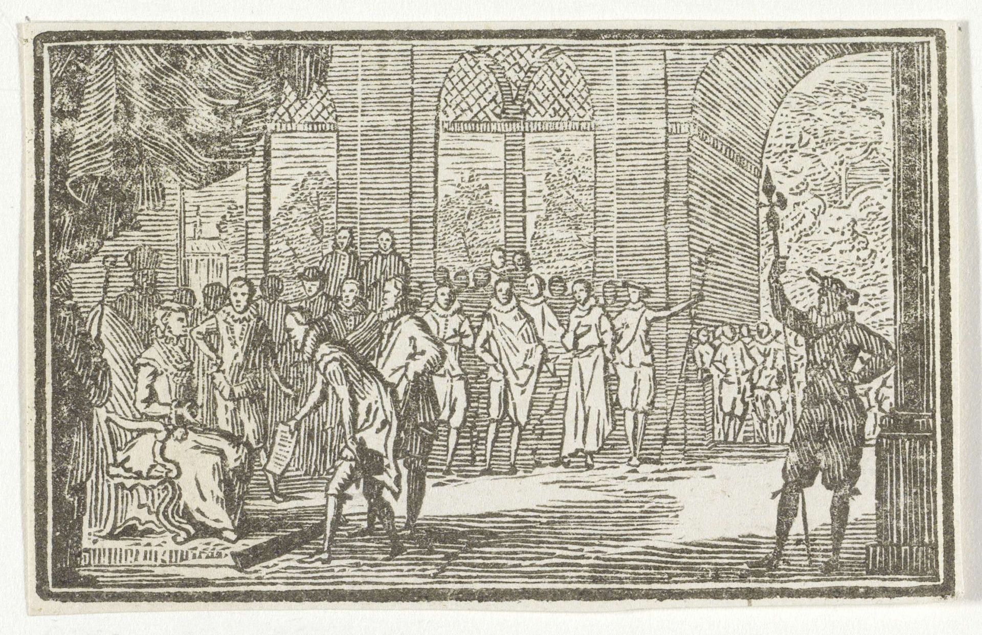Man met een kraag biedt een vrouw op een troon een document aan by Cornelis van Noorde