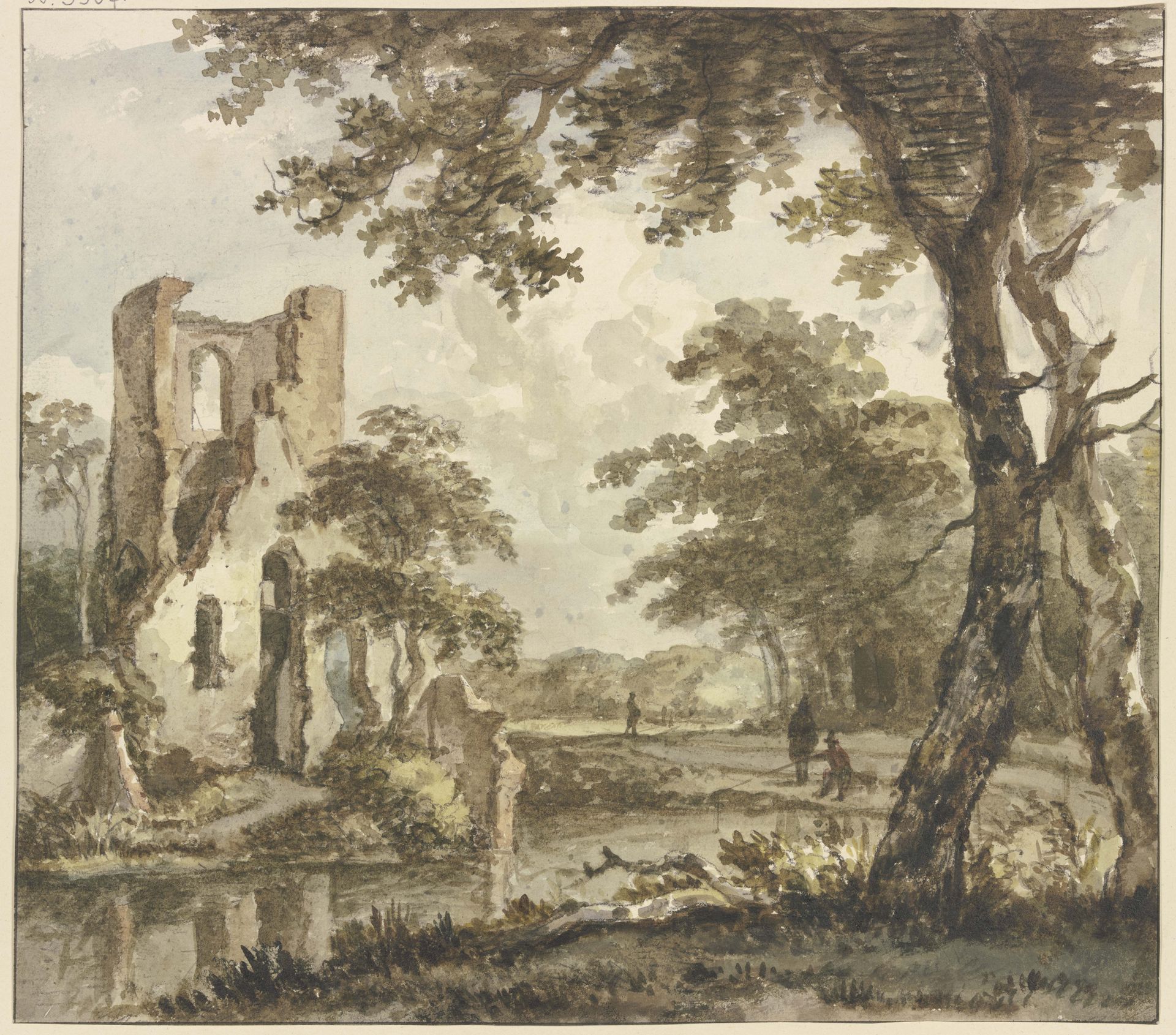 Links am Wasser eine Ruine, rechts ein Angler und zwei weitere Figuren by Jan Hulswit