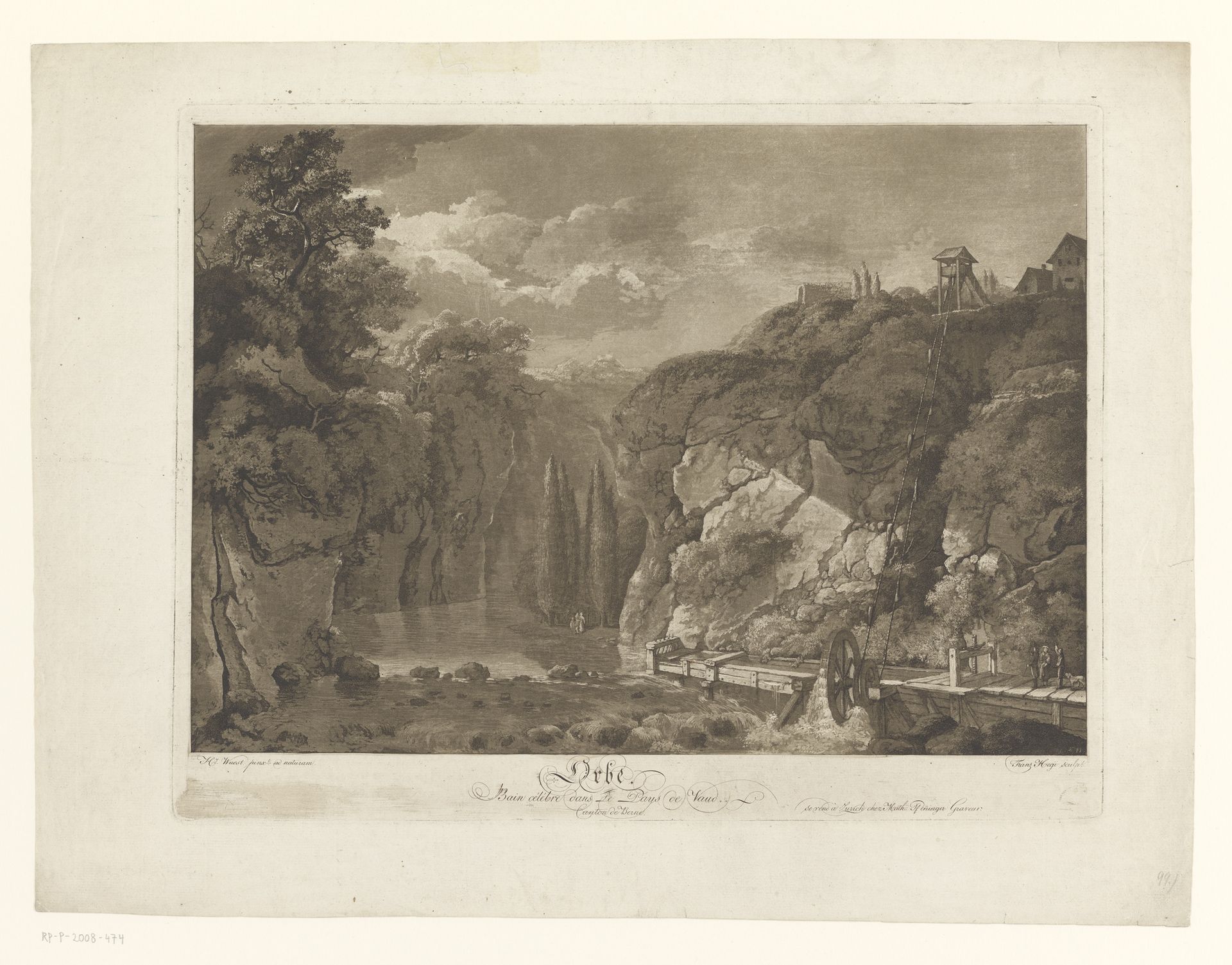 Rotsachtig landschap met waterrad bij een stuwmeer by Franz Hegi