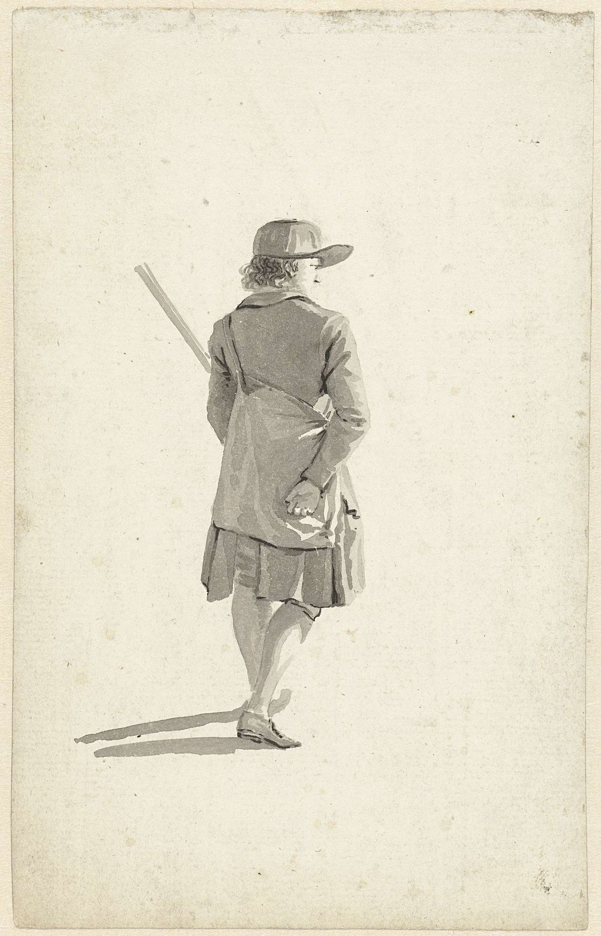 Staande man met hoed, in wit hemd en kuitbroek, op de rug gezien by Abraham van Strij