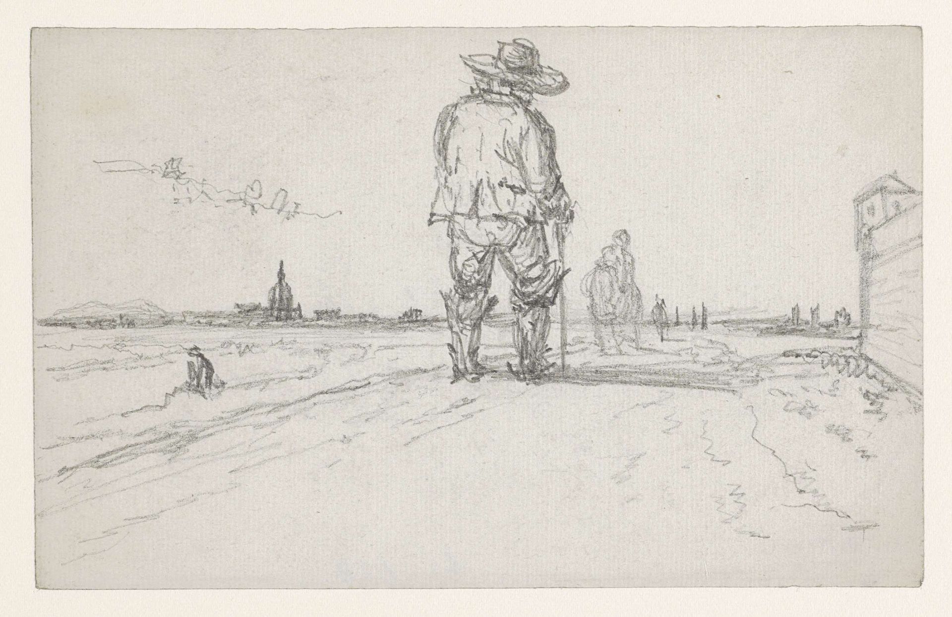 Landweg in de omgeving van de stad met wandelaar van achteren gezien; links de koepel van de Invalides by Georges Michel