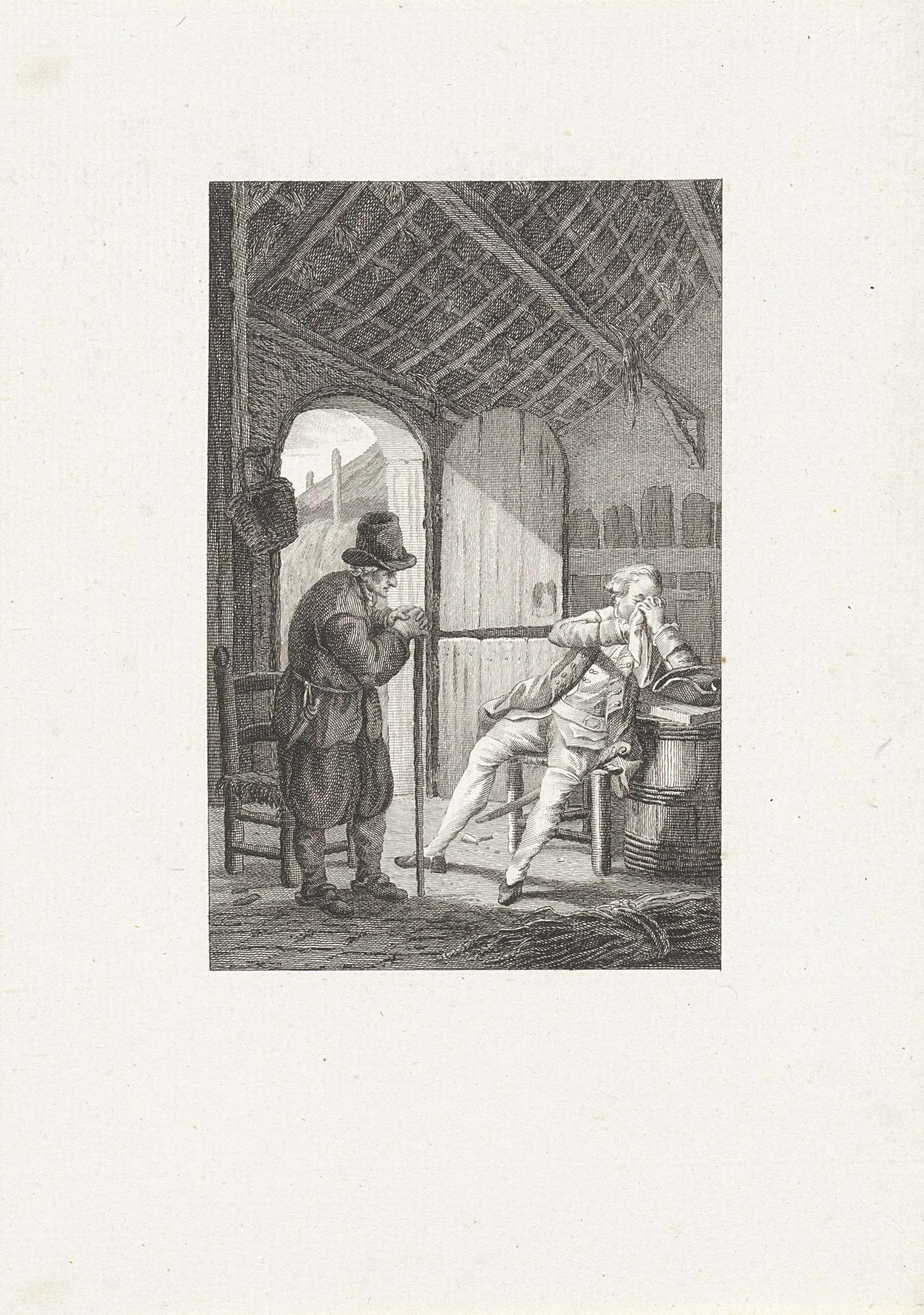 Oude man in gesprek met een heer in een boerderij by Reinier Vinkeles