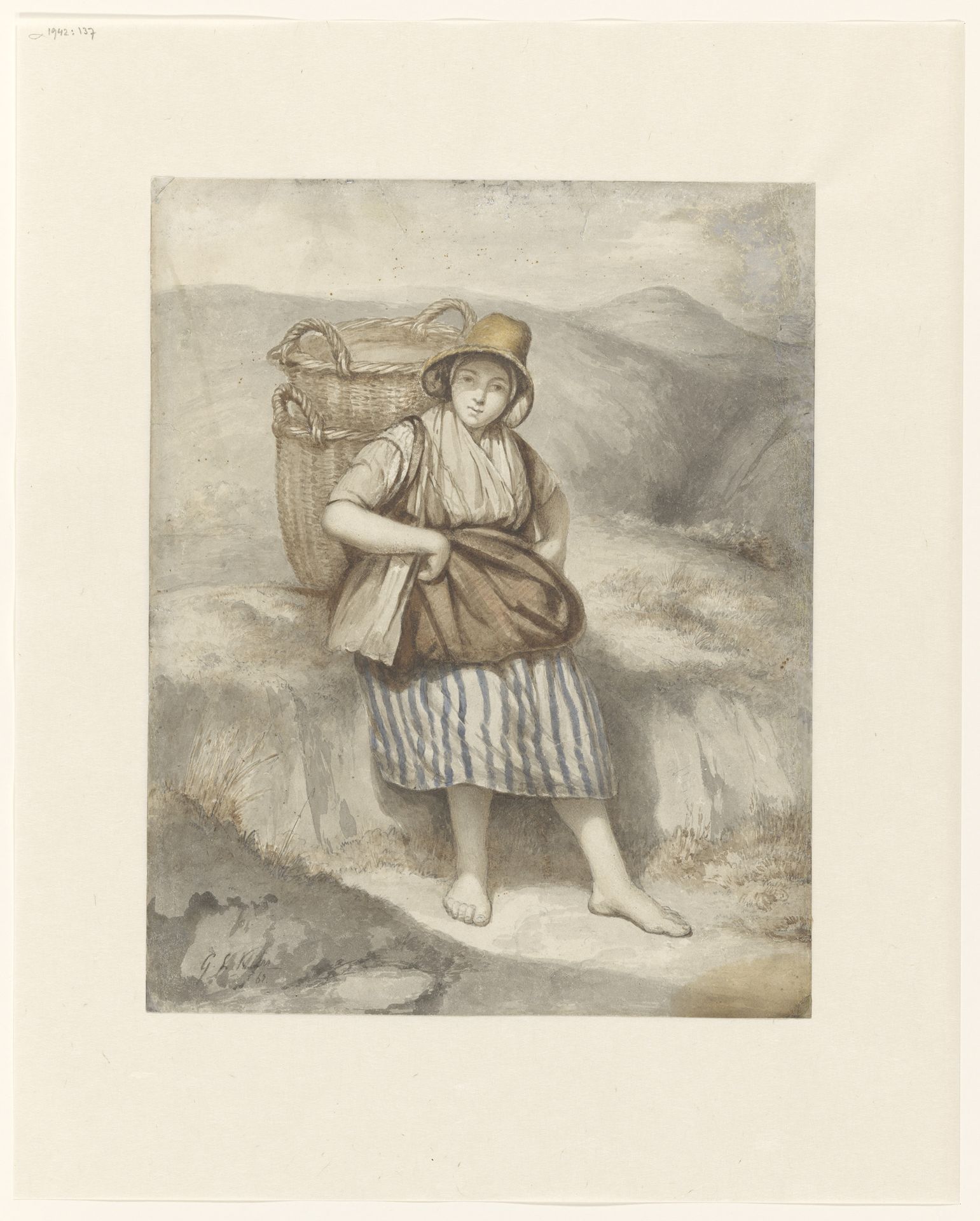 Vissersmeisje met manden, uitrustend tegen een duin by George Lourens Kiers