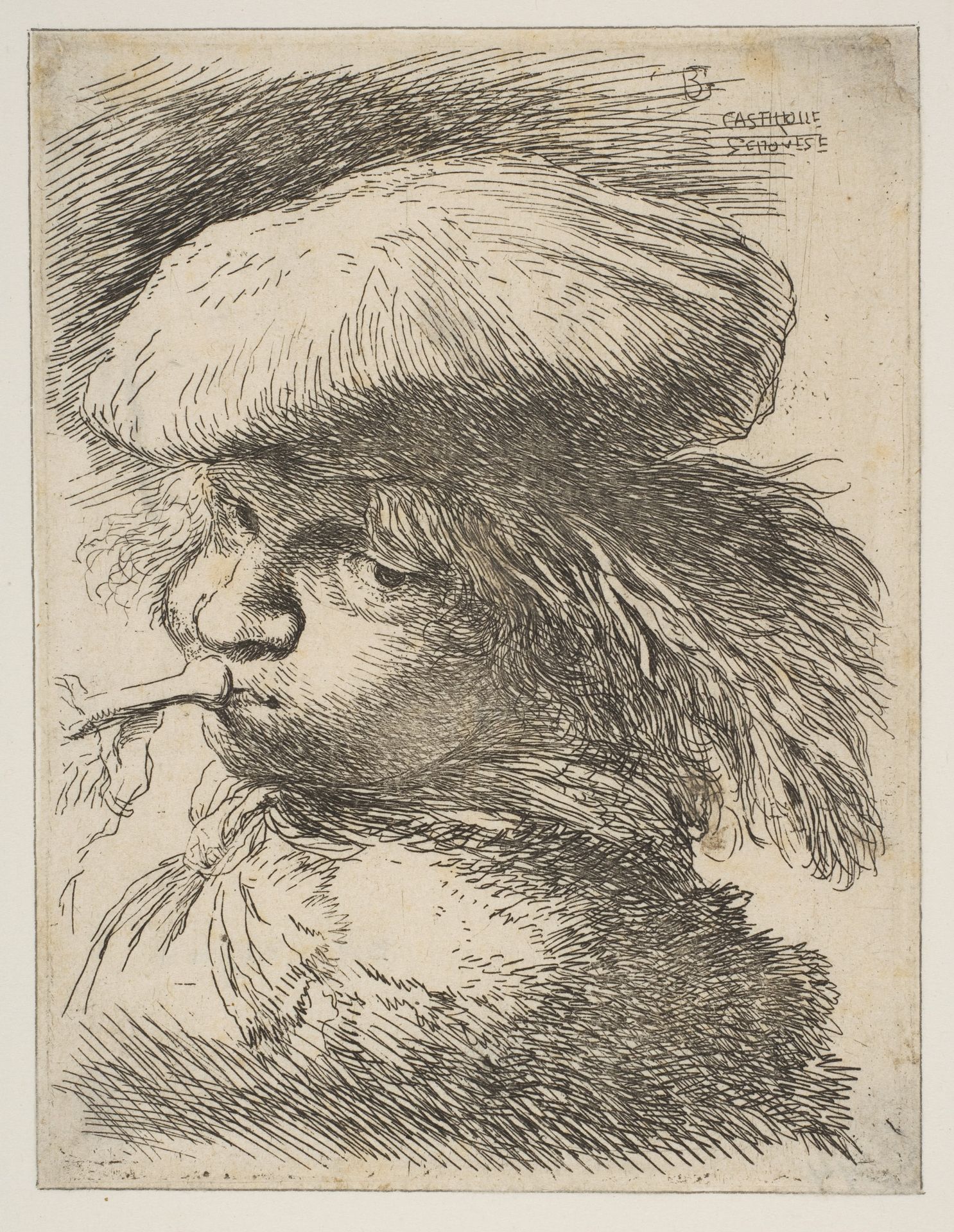 Young man with a trumpet facing left, from "Small Heads in Oriental Headdress" by Giovanni Benedetto Castiglione (Il Grechetto)