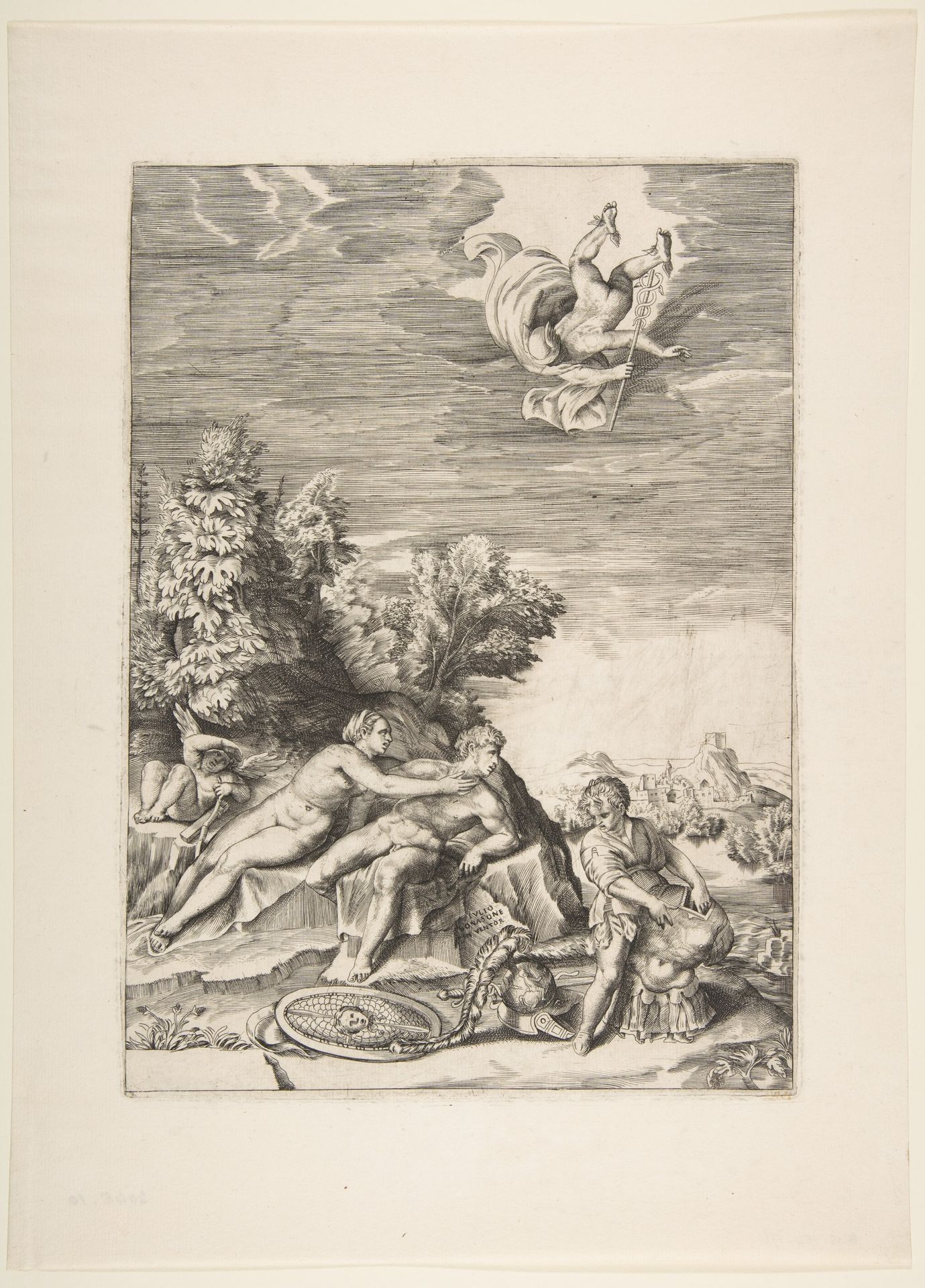 Calypso trying to detain Ulysses as a child prepares his armour at right and Mercury falls from the sky by Giulio Bonasone