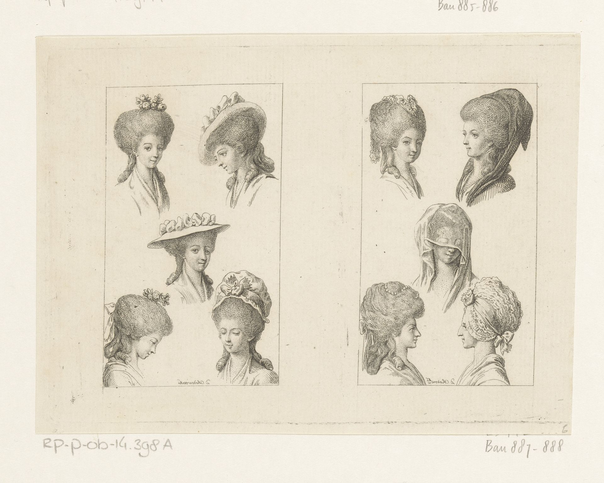 Twee voorstellingen met kapsels en hoofddeksels voor dames by Daniel Nikolaus Chodowiecki