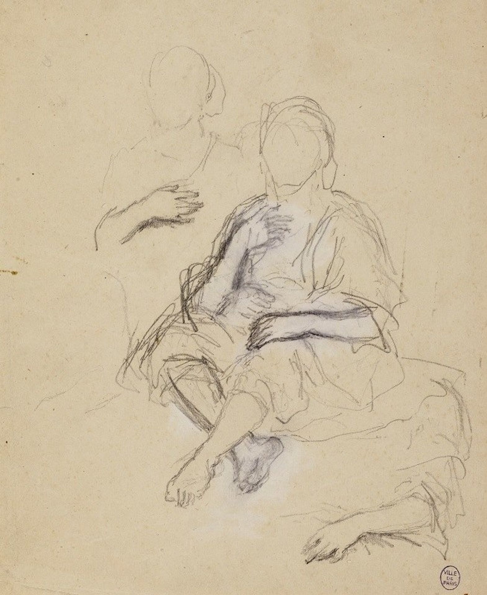 Deux personnages drapés assis de face et étude de bras by Narcisse-Virgilio Diaz