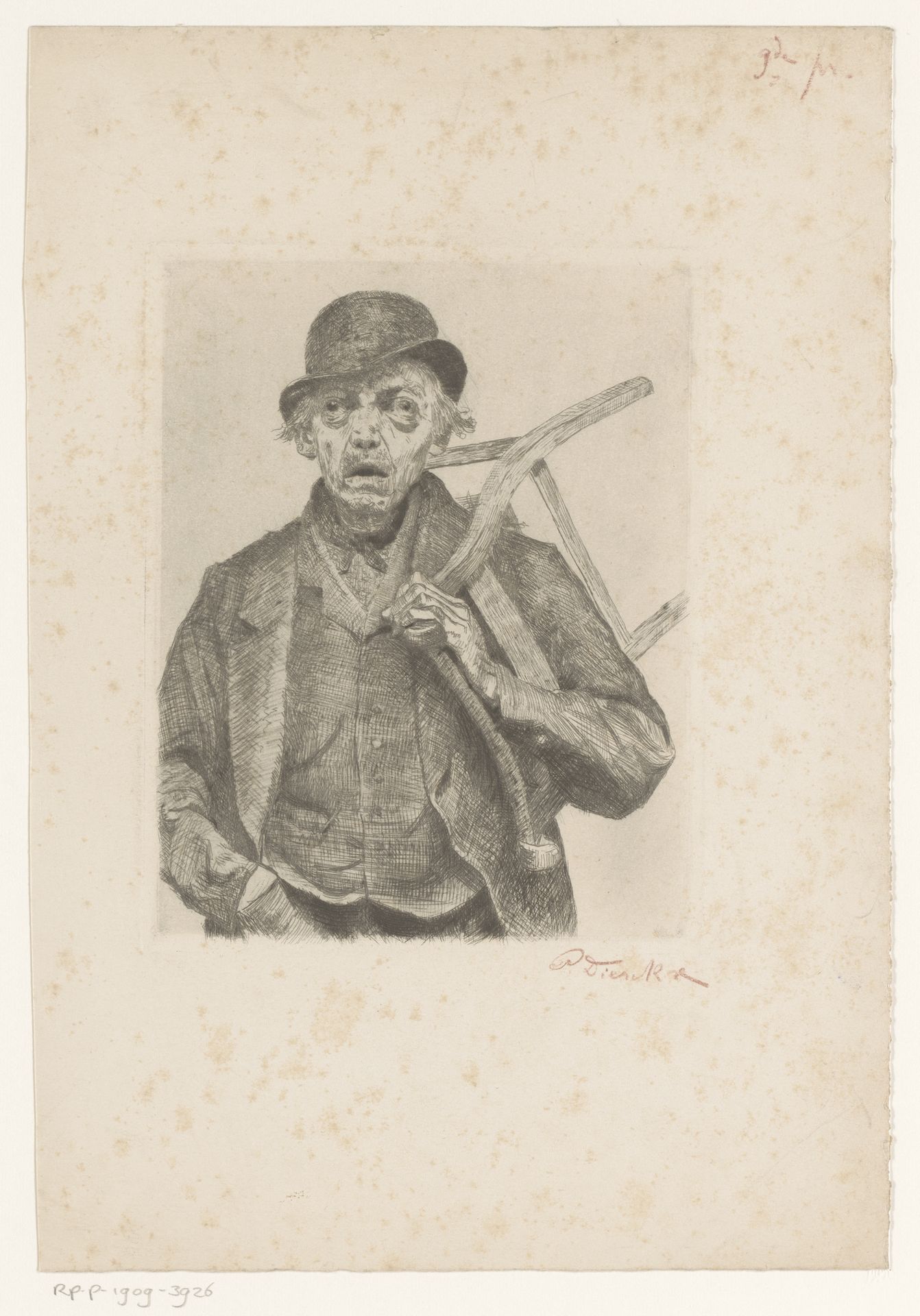 Oudere man met hoed en een stoel over zijn schouder by Pierre Jacques Dierckx