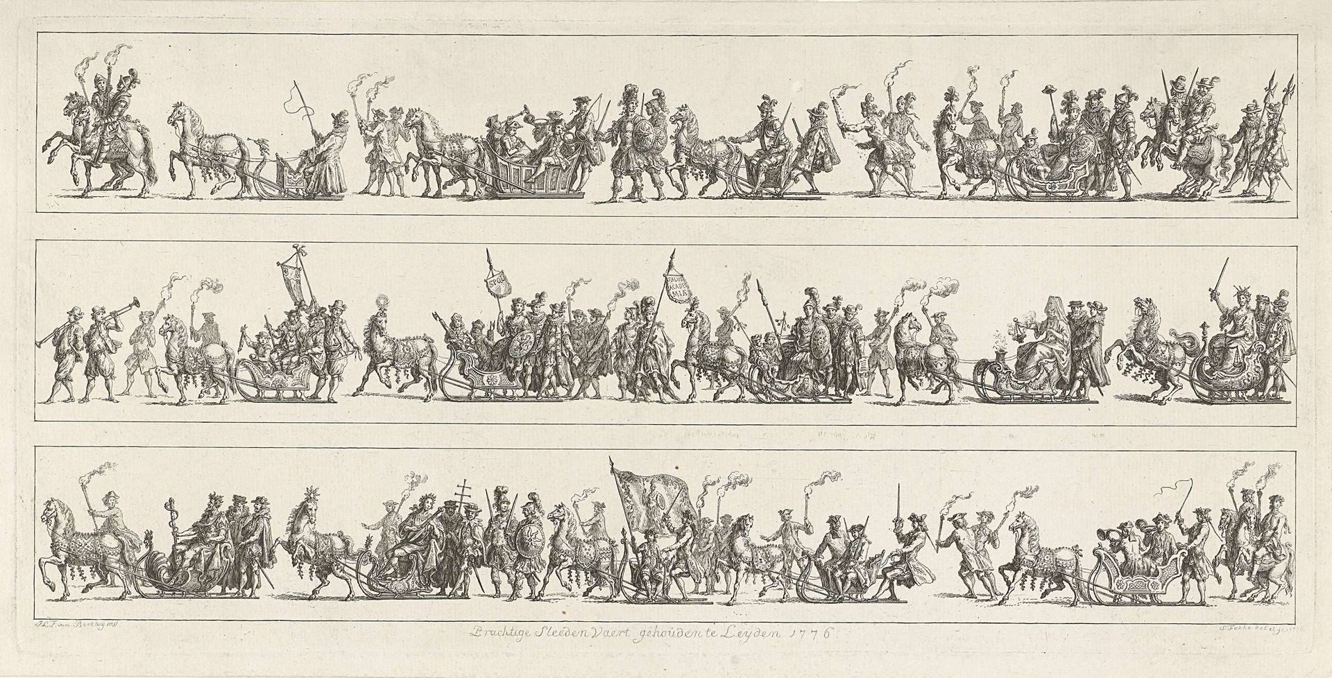 Sledevaart door het Leidse genootschap Veniam Pro Laude, 1776 by Simon Fokke