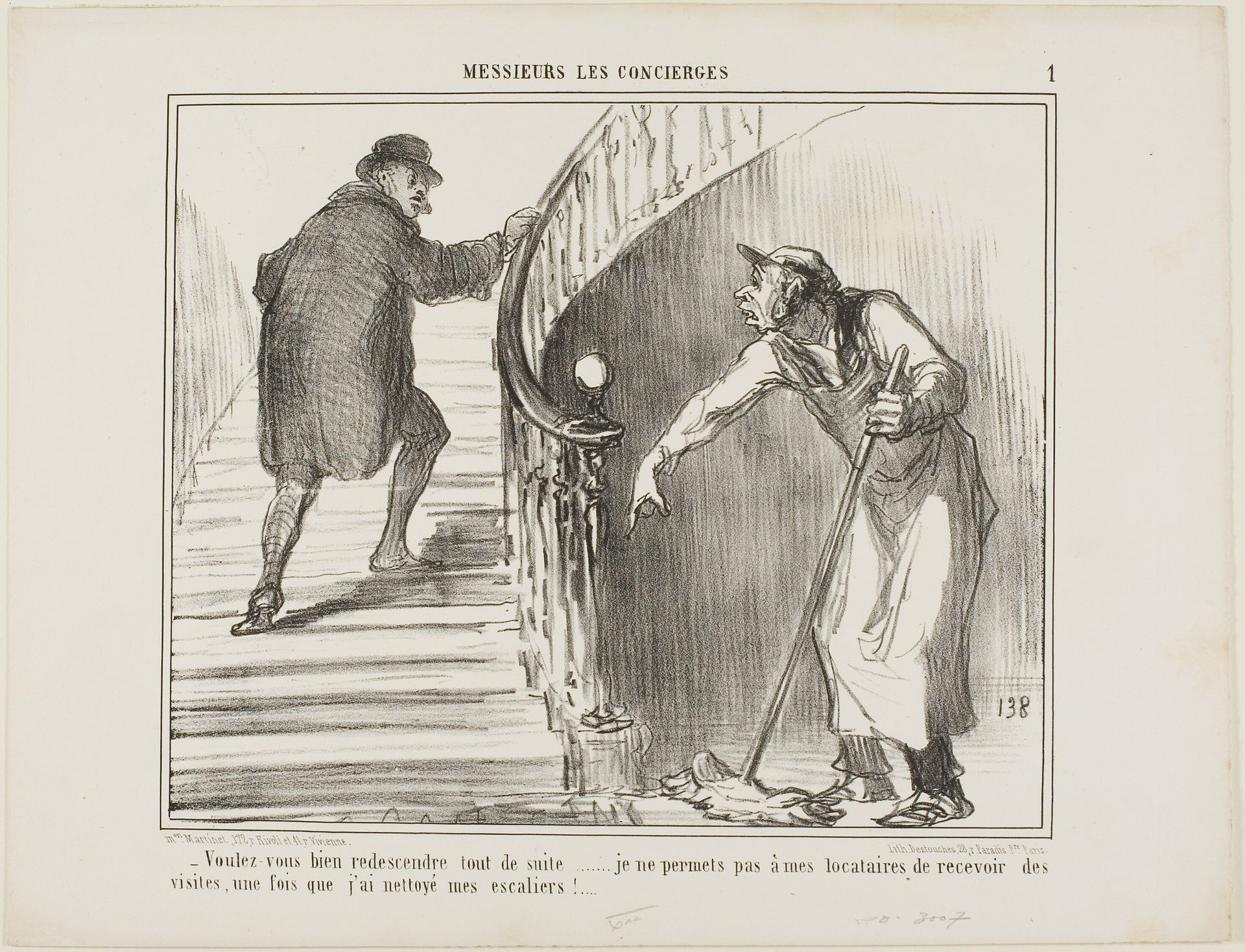 “- Would you please come back immediately... I do not allow my tenants to receive visitors once I have cleaned the staircase,” plate 1 from Messieurs Les Concierges by Honoré Daumier