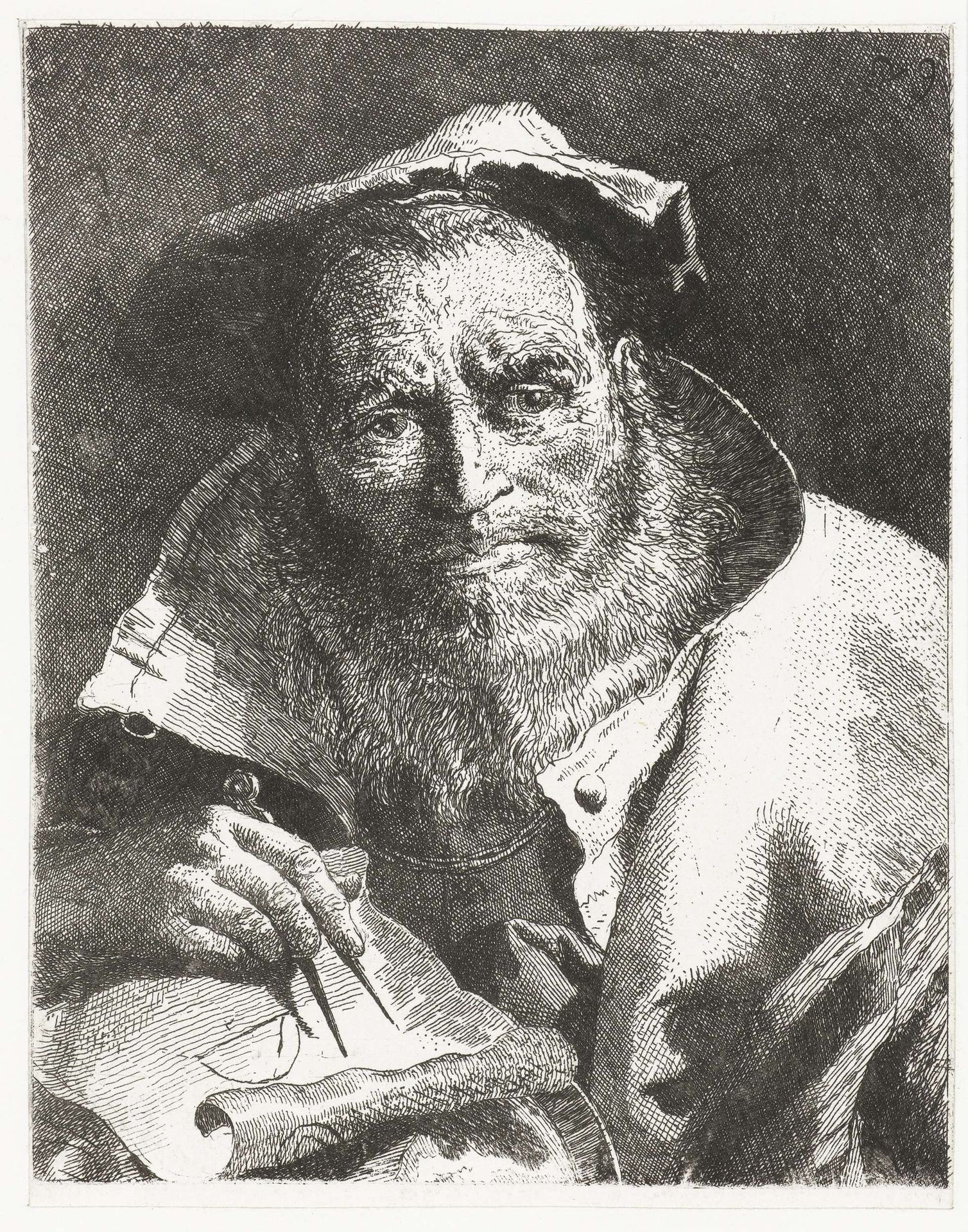 Wetenschapper met baret op hoofd en passer in hand by Giovanni Domenico Tiepolo