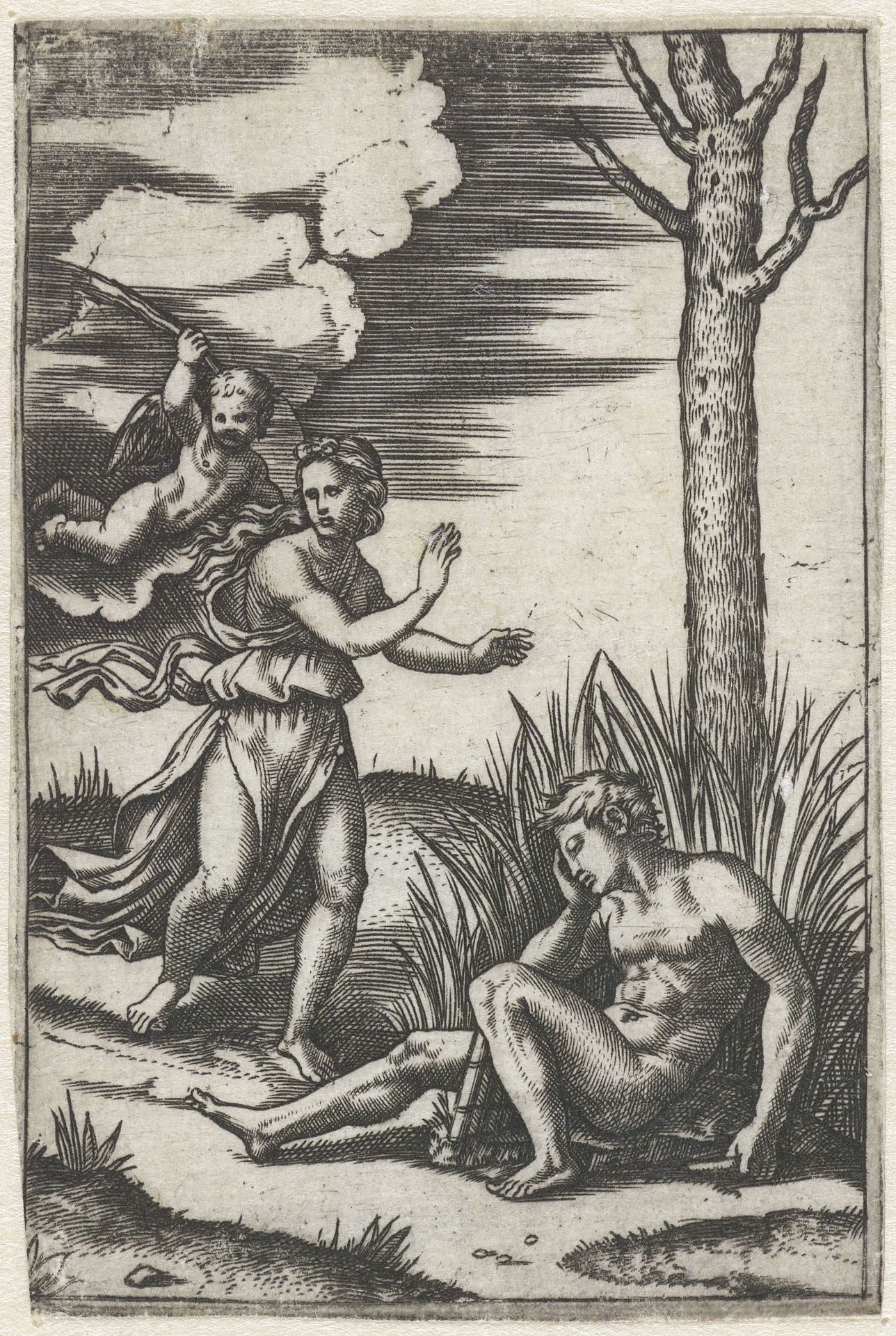 Slapende man en nimf achtervolgd door Amor by Marcantonio Raimondi