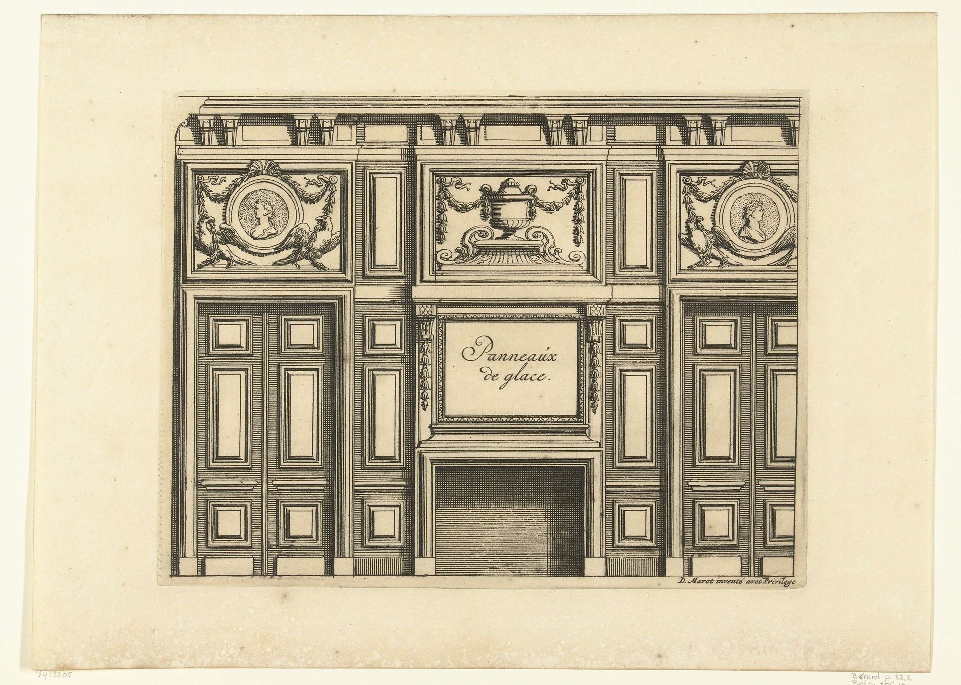 Muur met schoorsteen tussen twee deuren by Daniël (I) Marot