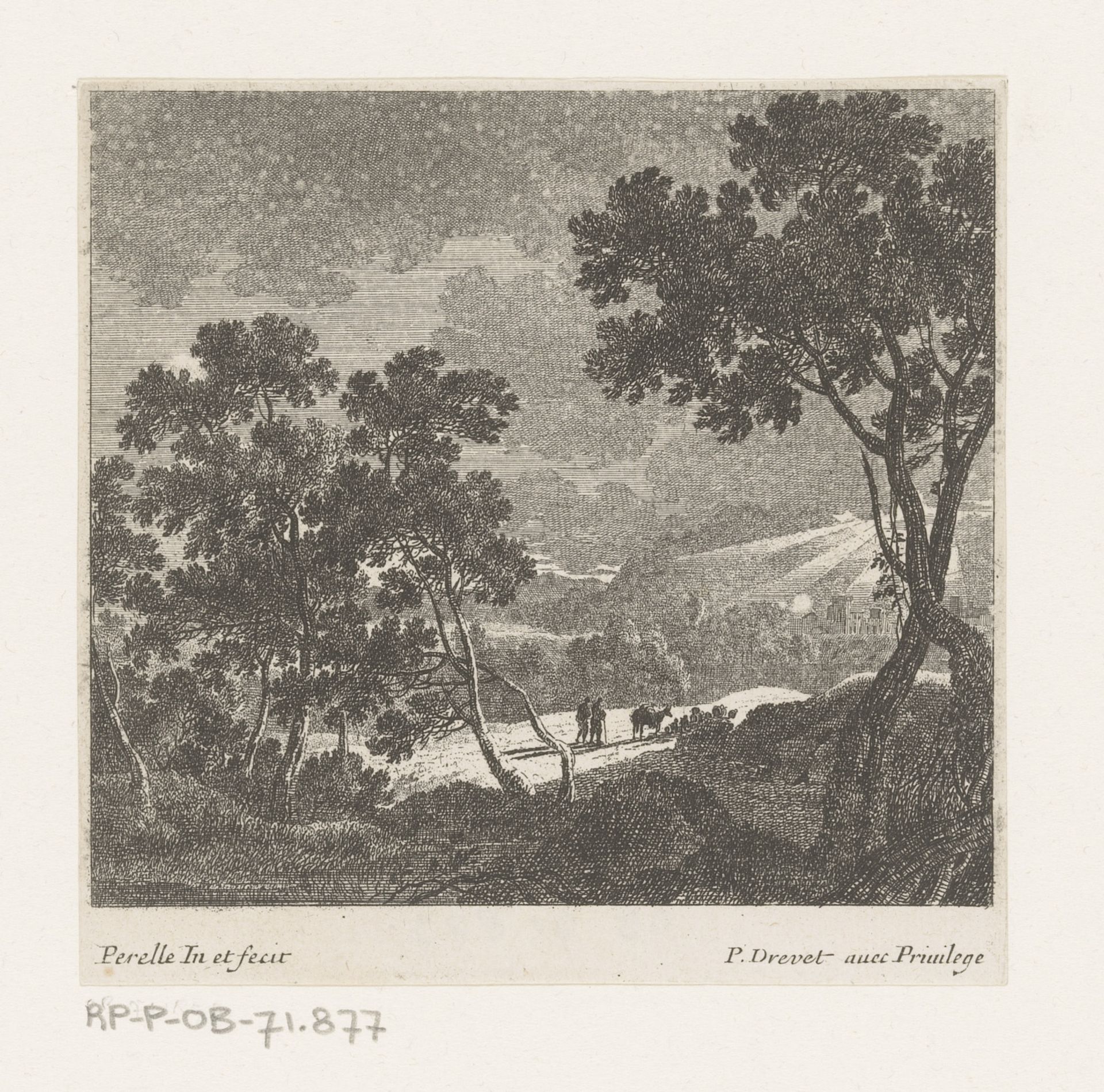 Nachtlandschap met twee wandelaars en lastdier by Nicolas Perelle