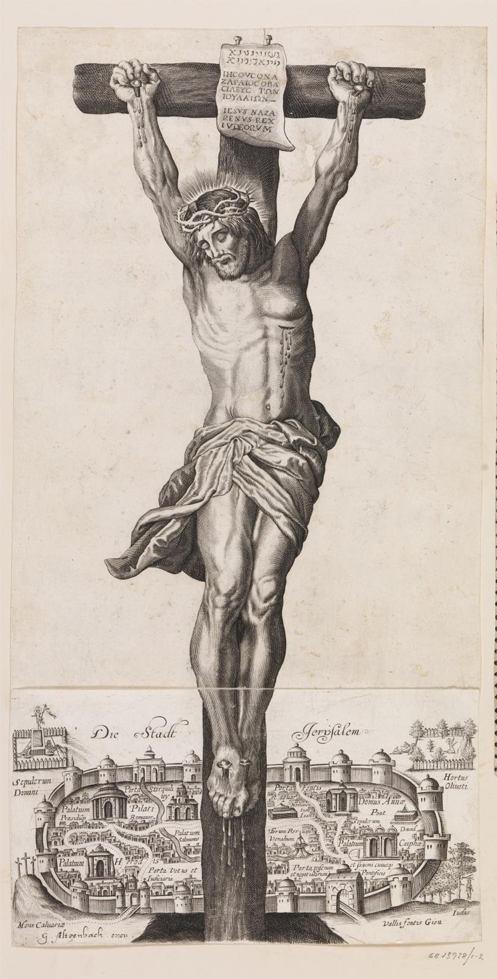 Christ on the cross and the city Jerusalem by Anonymous