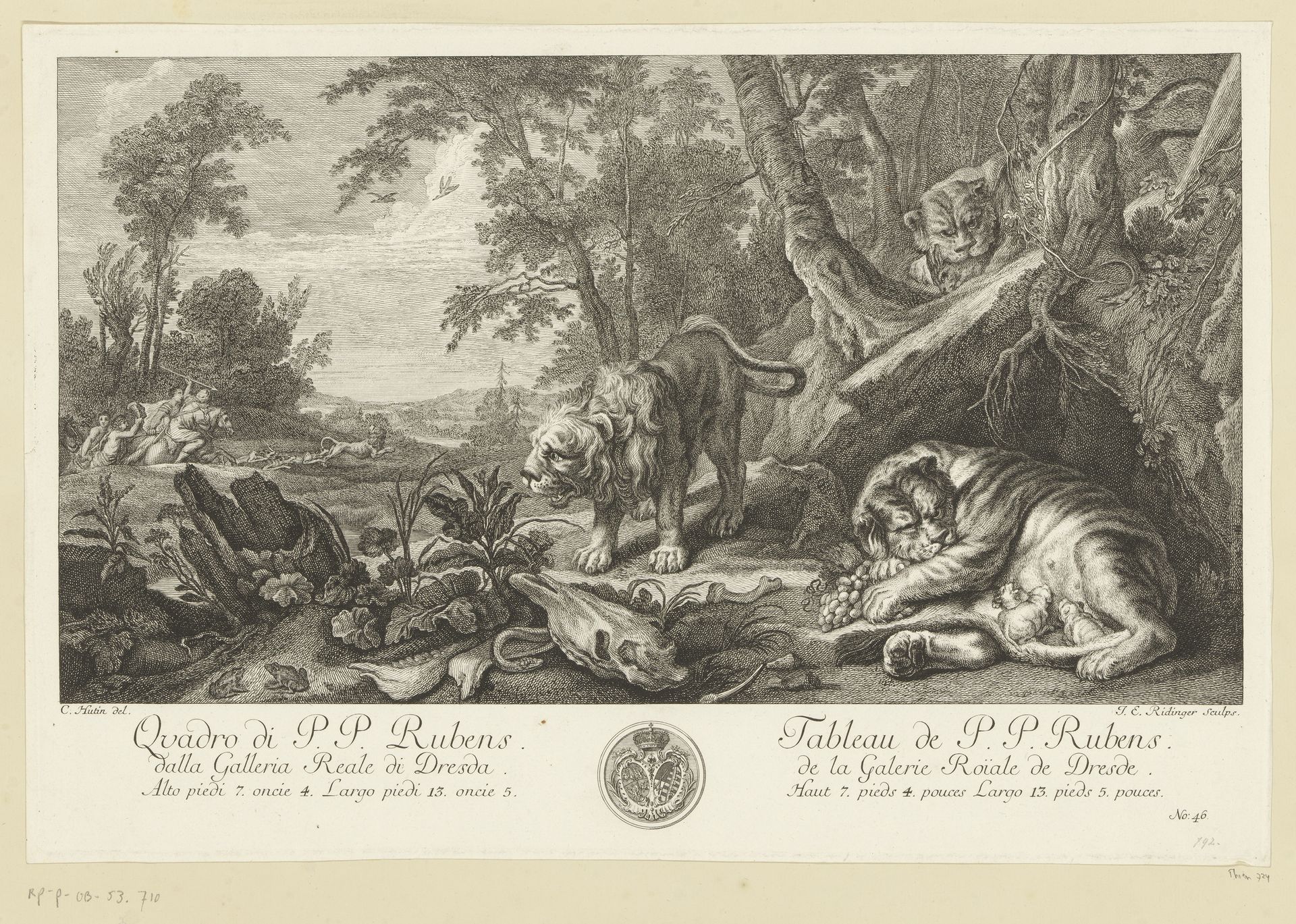 Groep leeuwen en een leeuwenjacht by Johann Elias Ridinger