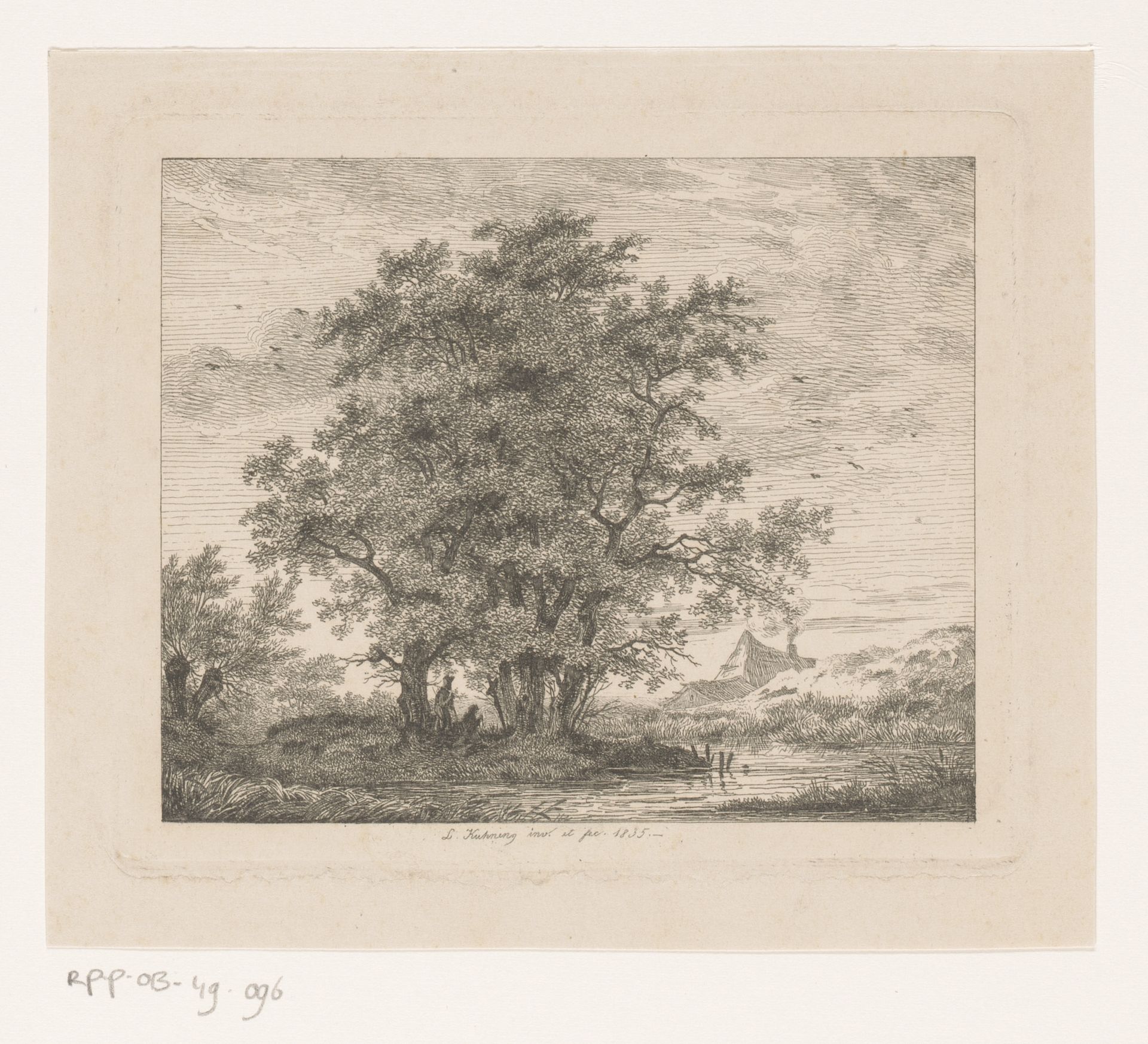 Landschap met huis op de achtergrond en twee figuren bij een kruis by Pierre Louis Kuhnen