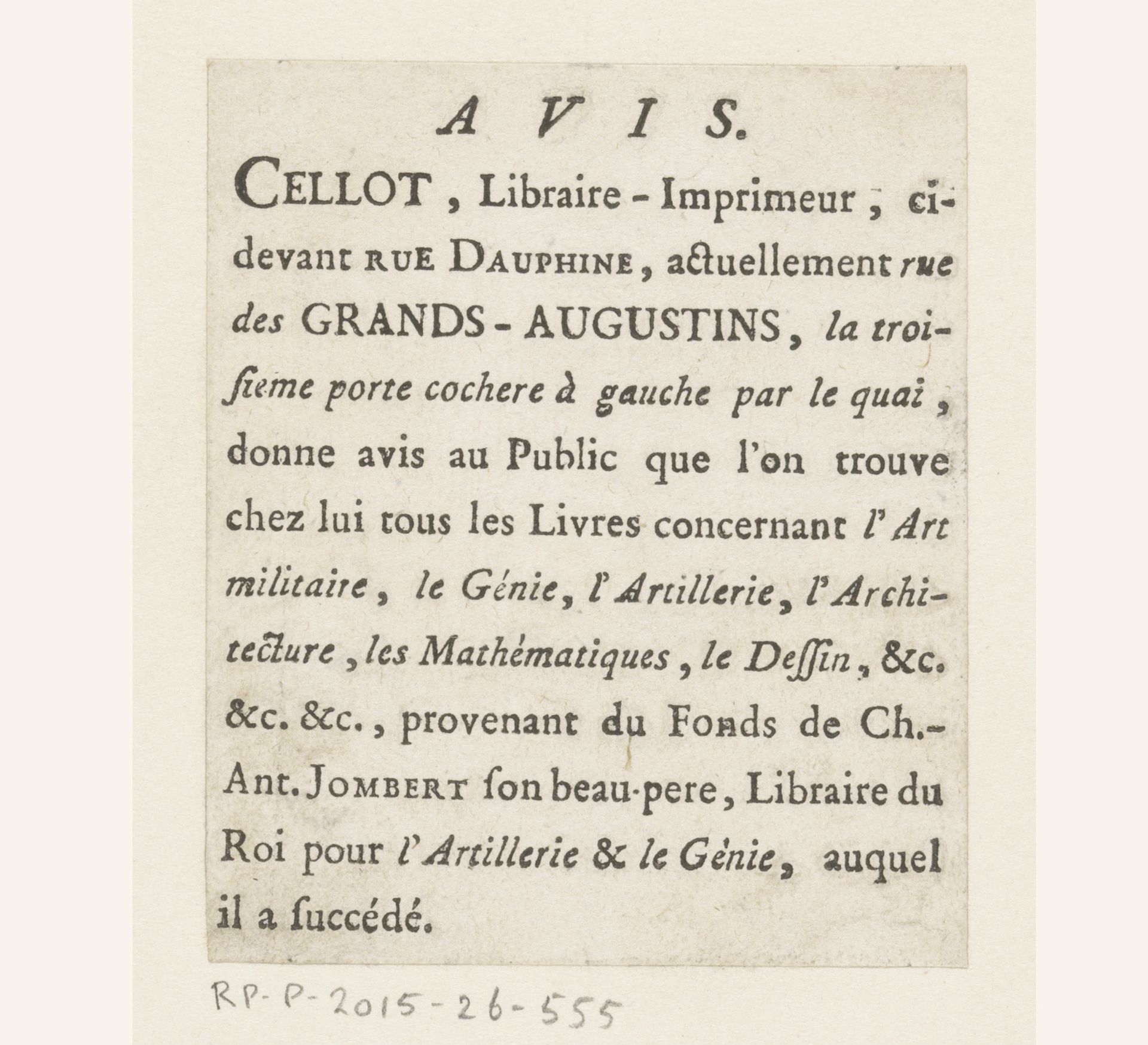 Aankondiging van boekhandelaar Louis Cellot te Parijs by Louis Cellot