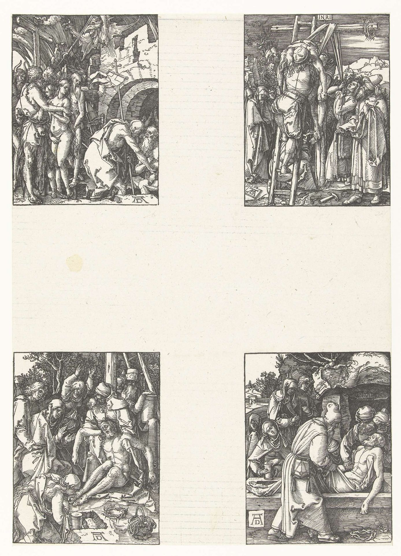 Afdaling in het voorgeborchte, Kruisafneming, Bewening, Graflegging by Albrecht Durer