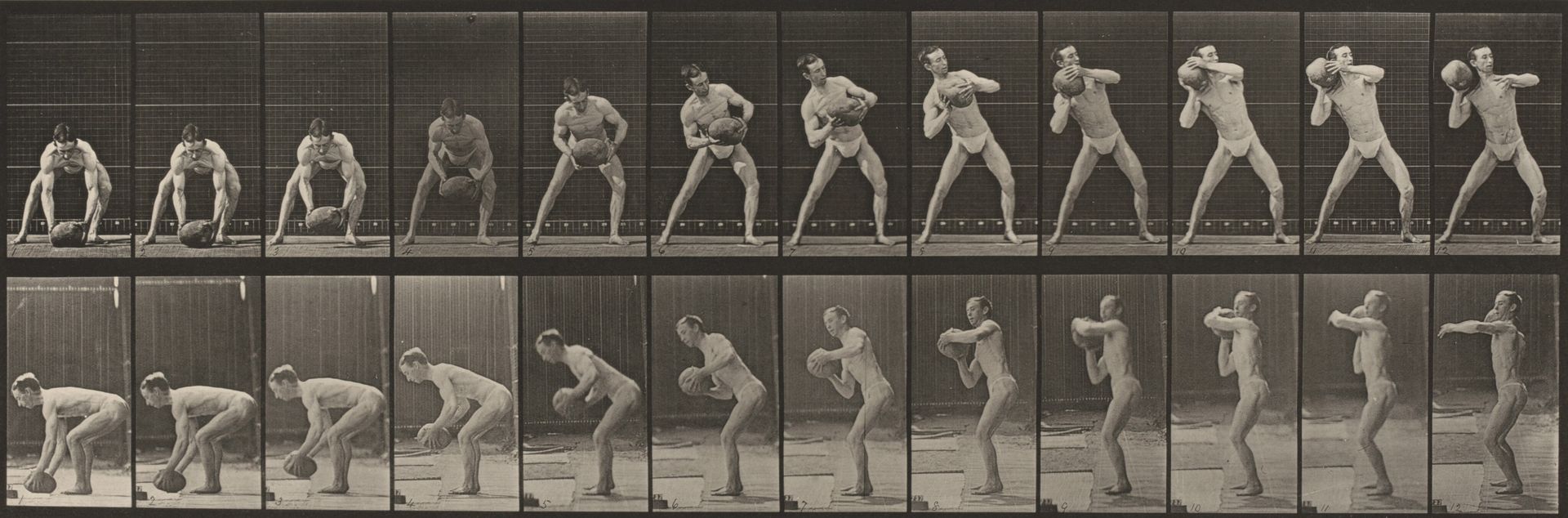 Plate Number 318. Lifting a 75-lb. rock by Eadweard Muybridge