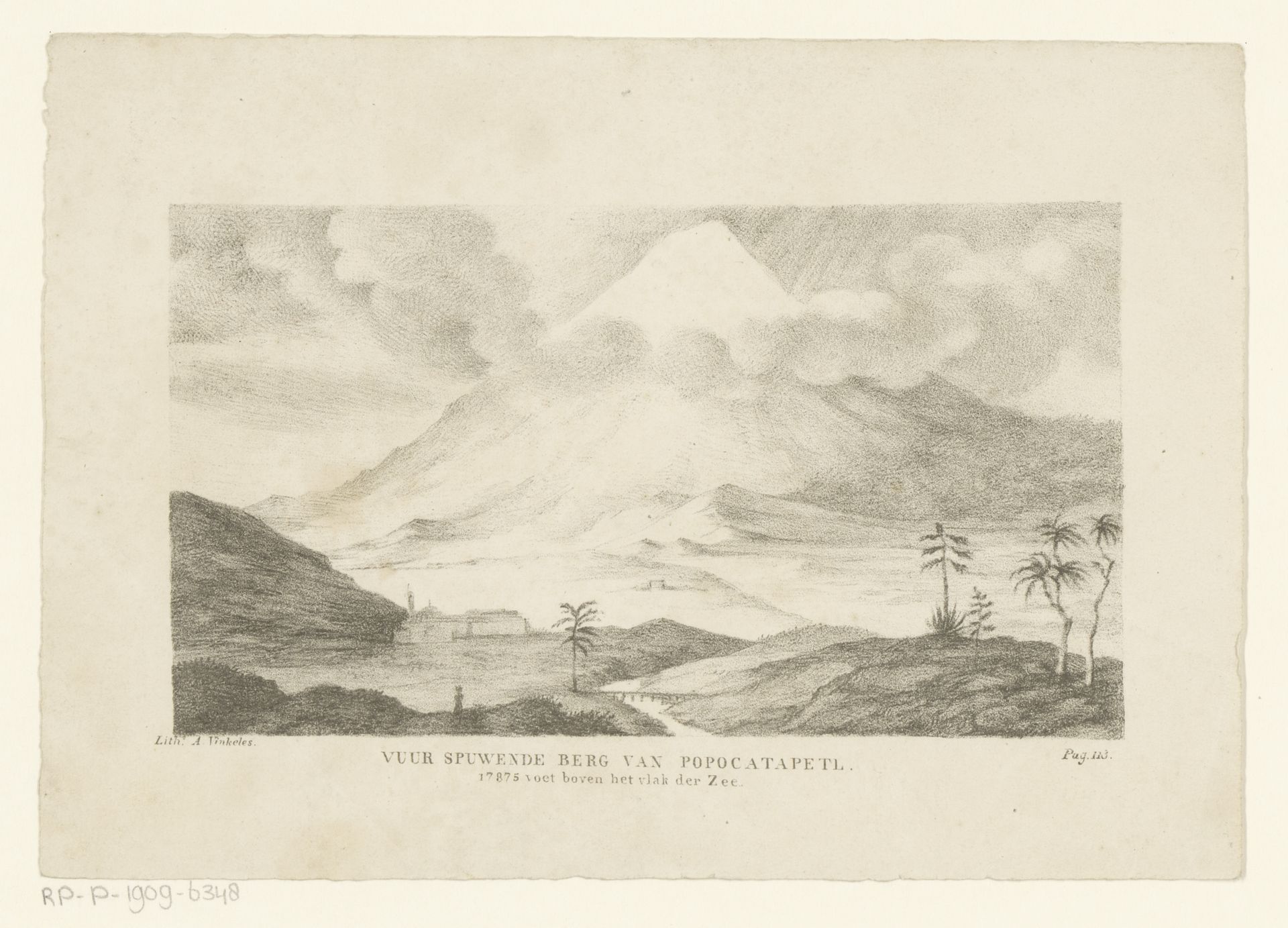 Gezicht op de vulkaan Popocatépetl by Abraham Vinkeles