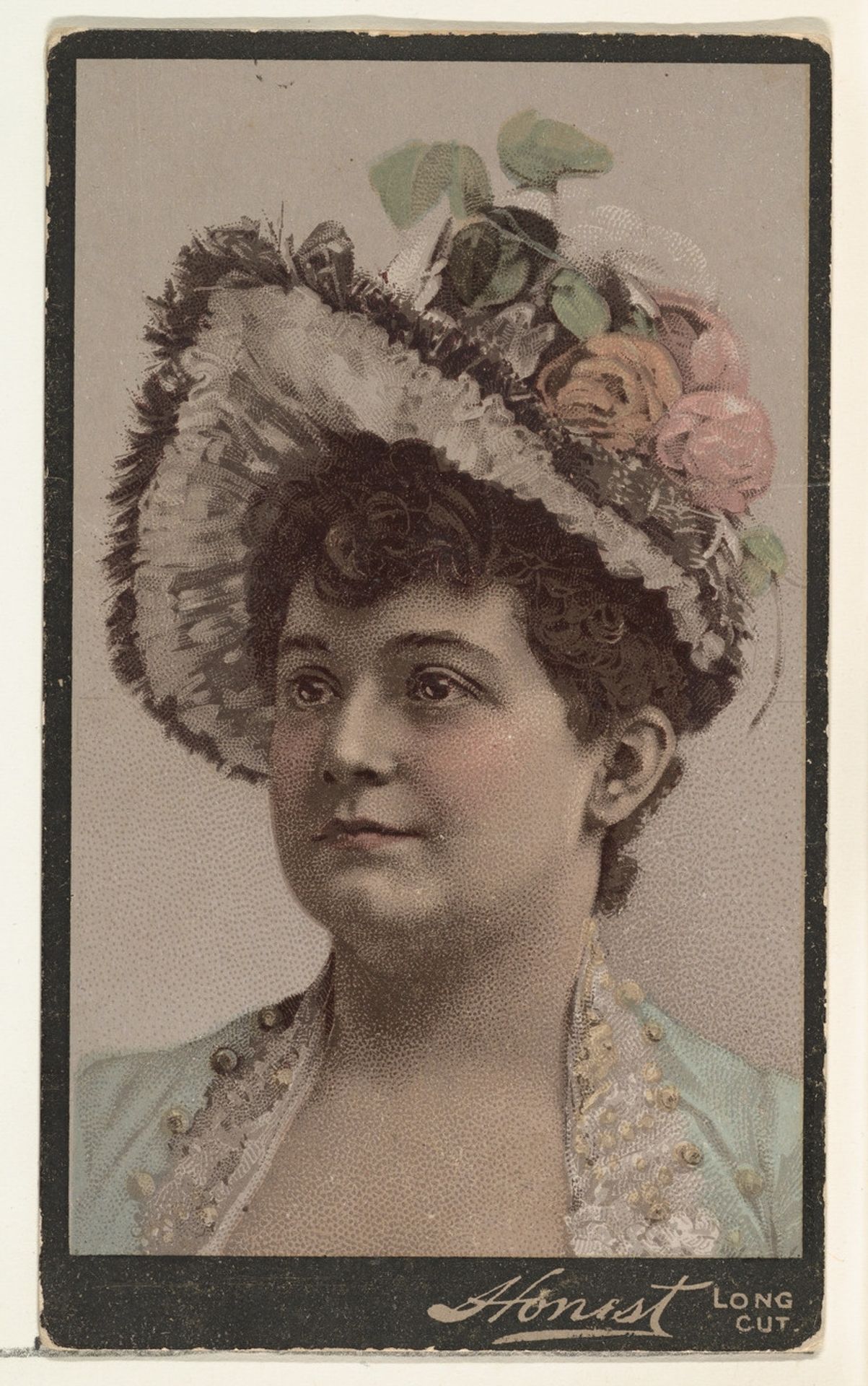 Actress wearing elaborate hat with flowers, from Stars of the Stage, Third Series (N131) issued by Duke Sons & Co. to promote Honest Long Cut Tobacco by W. Duke, Sons & Co.