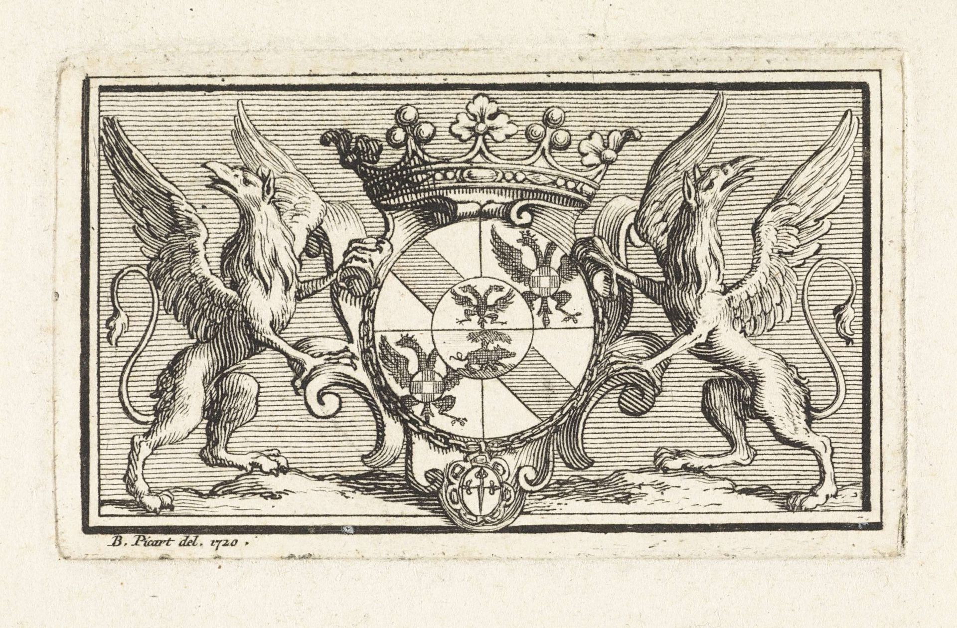 Gekroond wapenschild geflankeerd door griffioenen by Bernard Picart