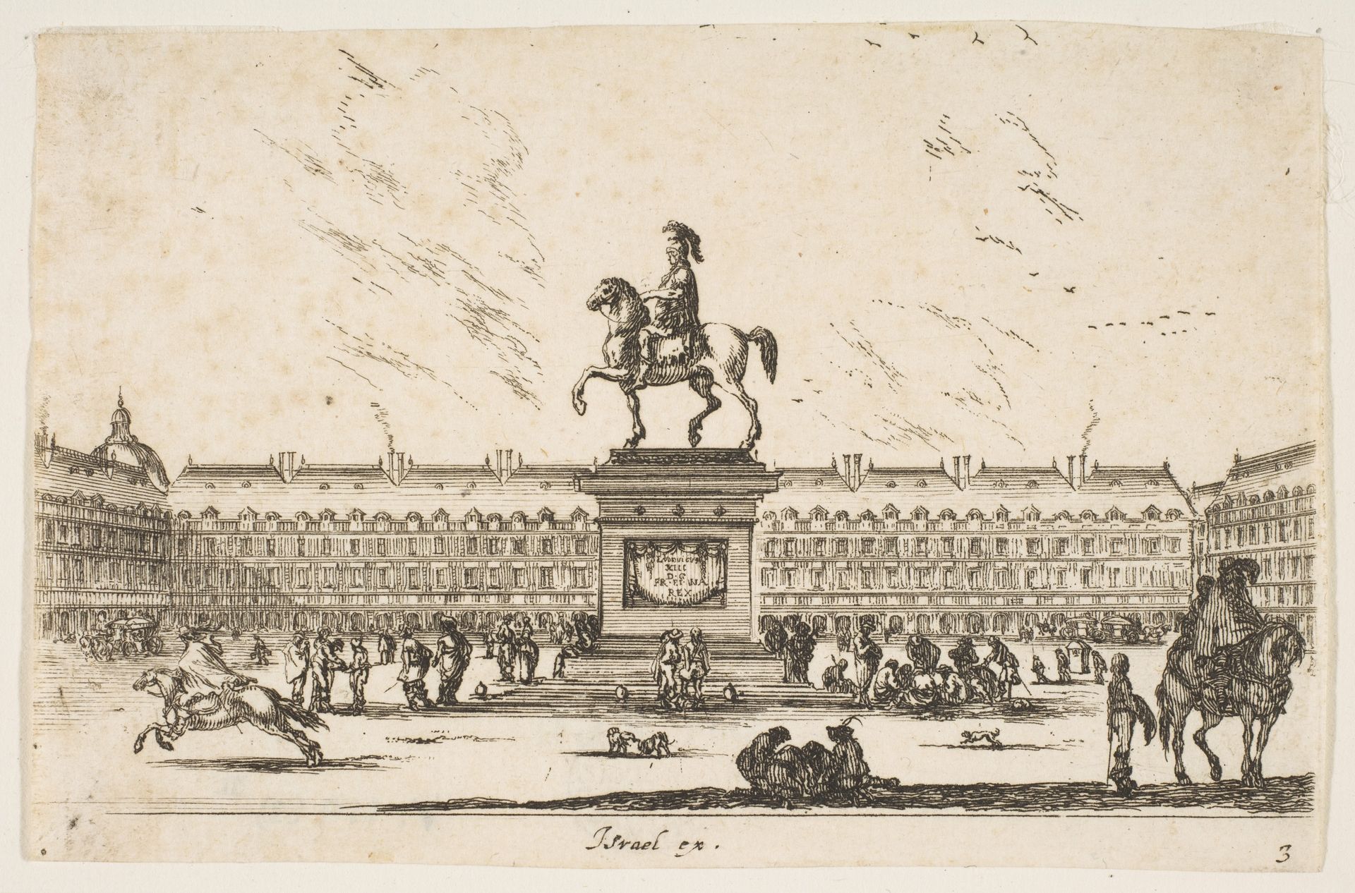 Plate 3: La Place Royale, equestrian statue of Louis XIII in profile facing the left in center, various horsemen and figures in background, from 'Various Figures' (Agréable diversité de figures) by Stefano della Bella