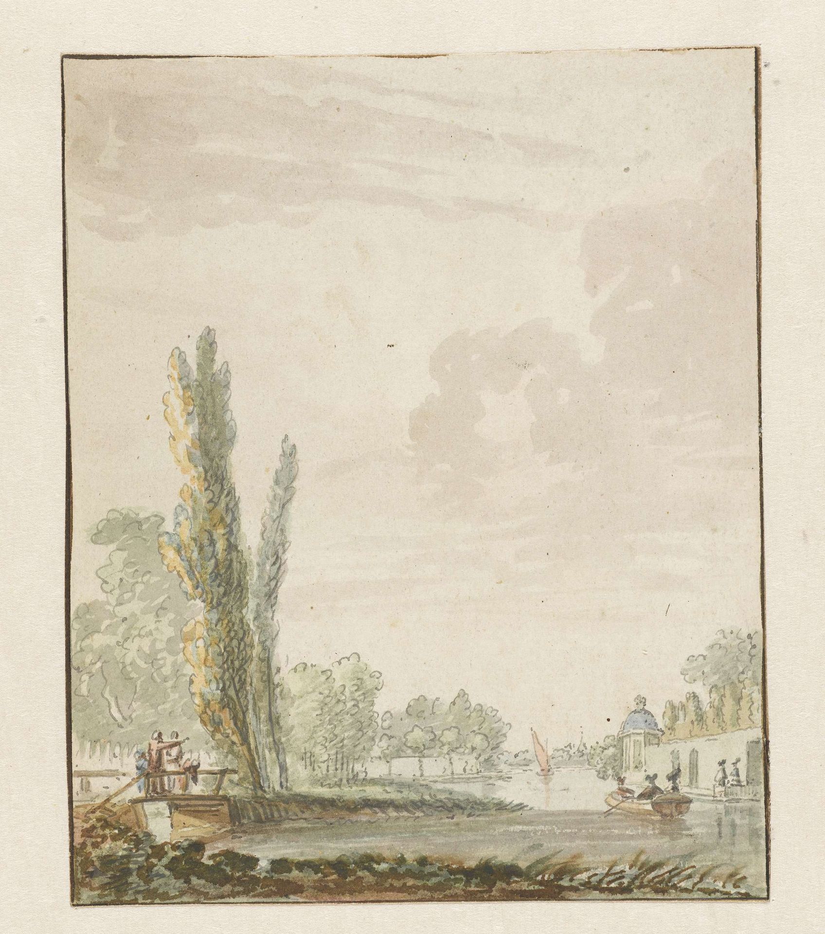 Gezicht langs een rivier met rechts een theekoepelje by Pieter Bartholomeusz. Barbiers