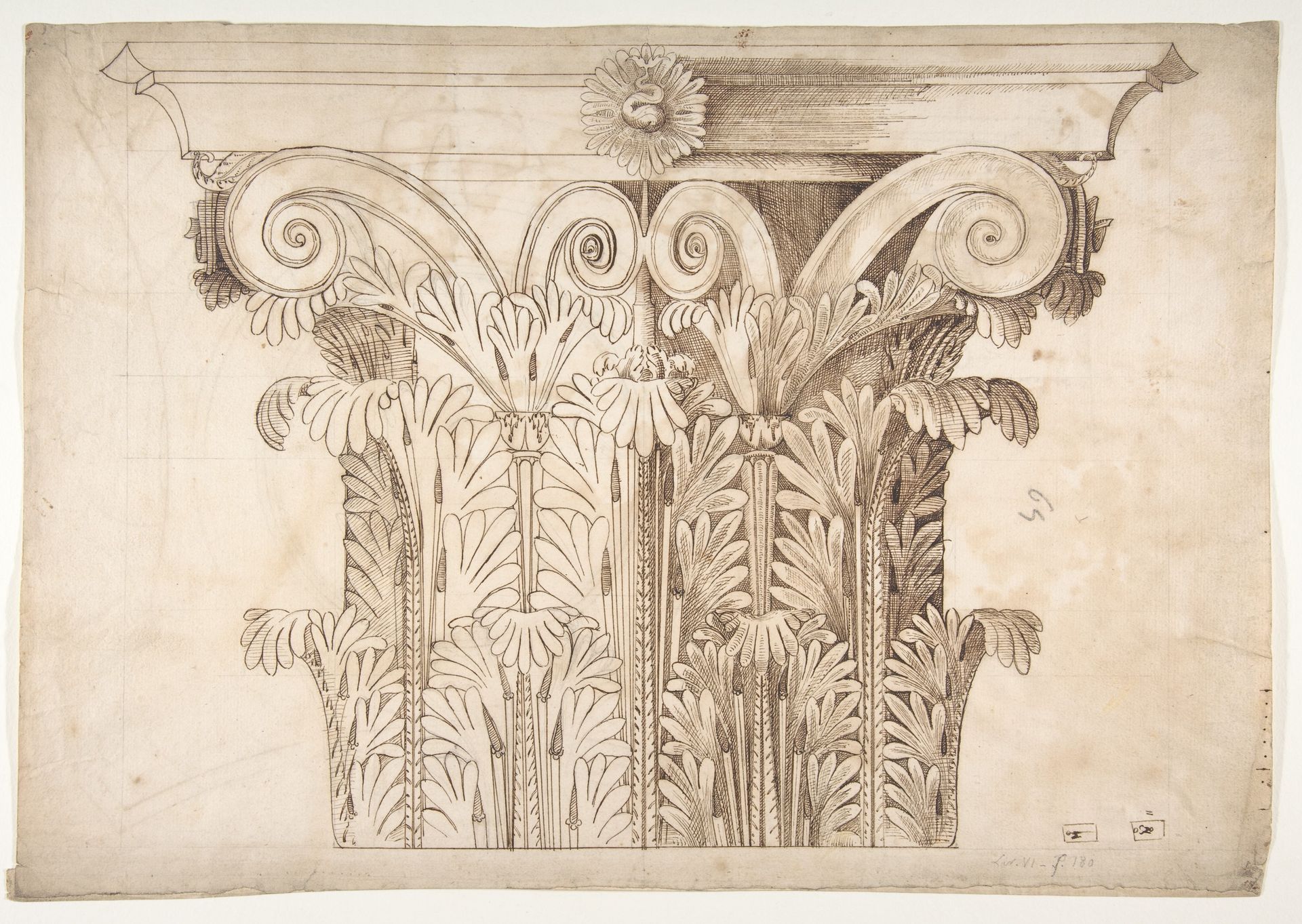Unknown, Corinthian capital, elevation (recto) Unknown, Corinthian capital, plan diagram and detail (verso) by Anonymous