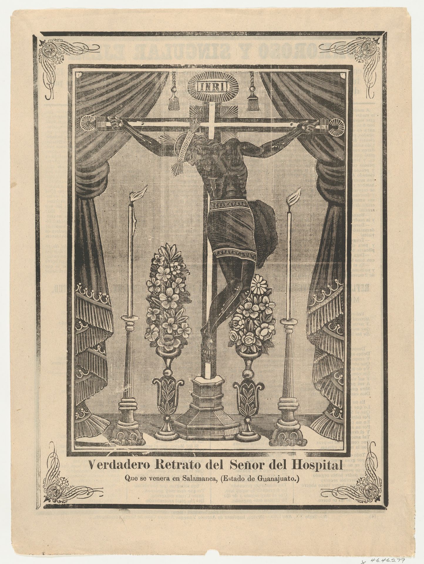 Broadsheet relating to Our Lord of the Hospital (Salamanca, Guanajuato) on a crucifix on an altar by Anonymous