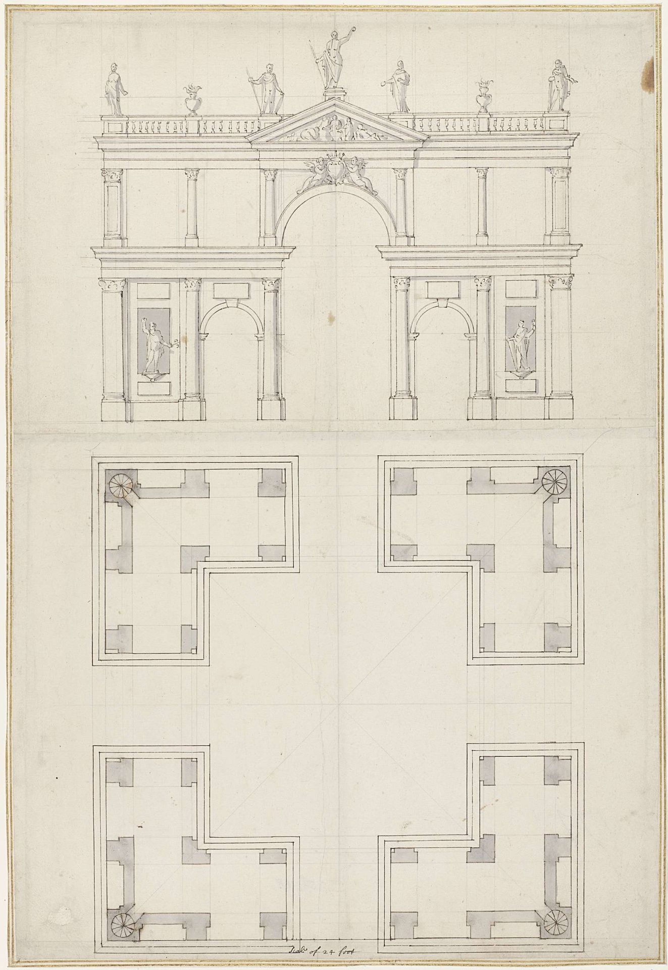 Ontwerp voor een vierkante porticus, kruisgewijs doorsneden, op de balustrade en in nissen standbeelden by Giacomo Leoni
