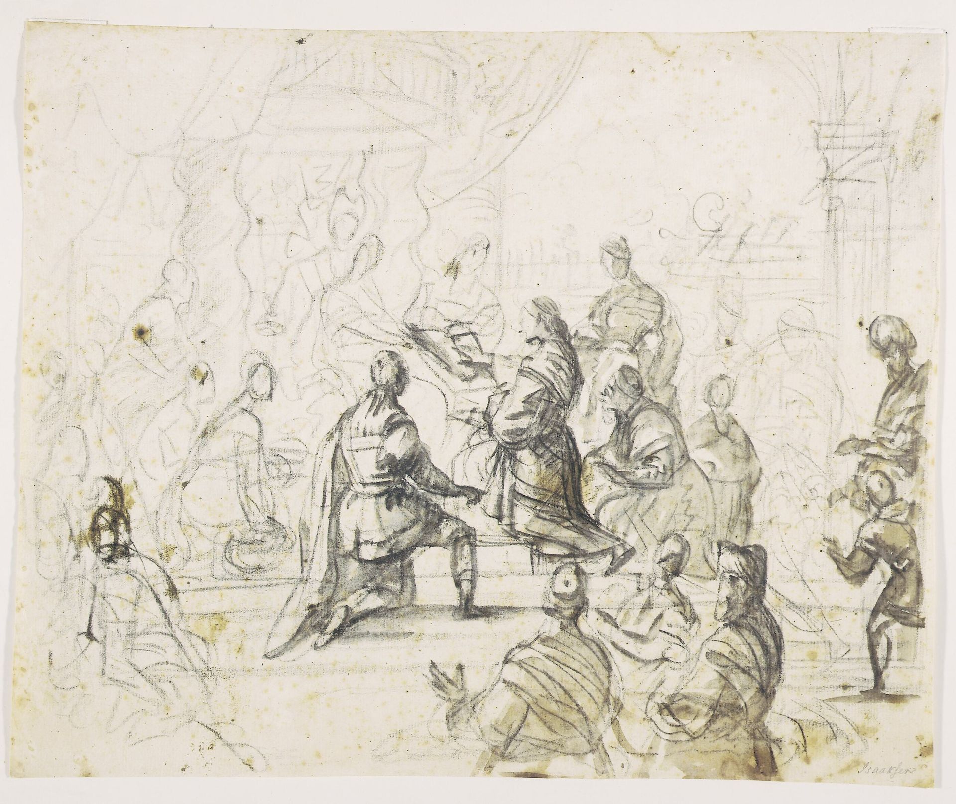 Figurer knælende for konge på trone by Pieter Isaacsz