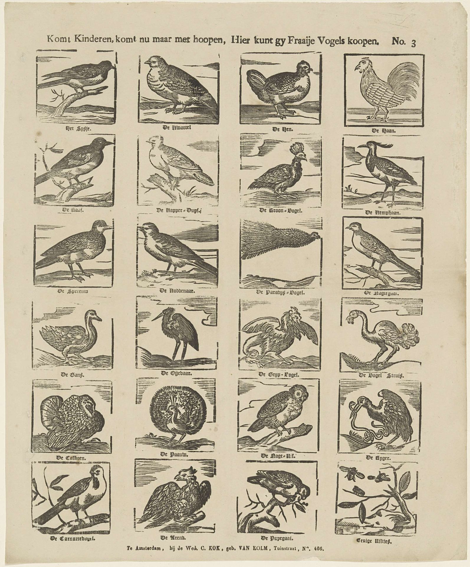 Kom kinderen, komt nu maar met hoopen, Hier kunt gy fraaije vogels koopen by weduwe C. Kok-van Kolm