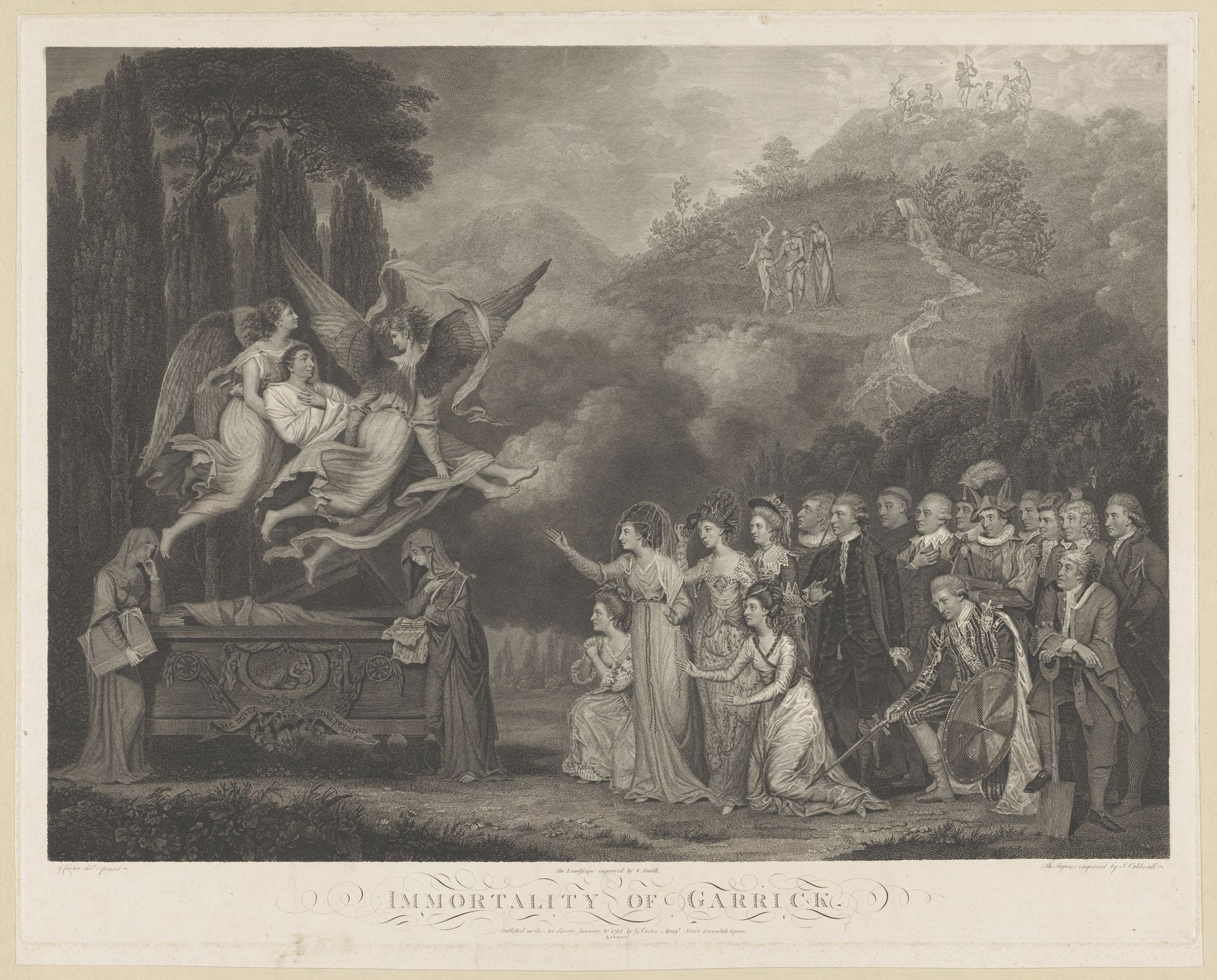 David Garrick wordt door engelen weggedragen uit zijn graftombe by James Caldwall
