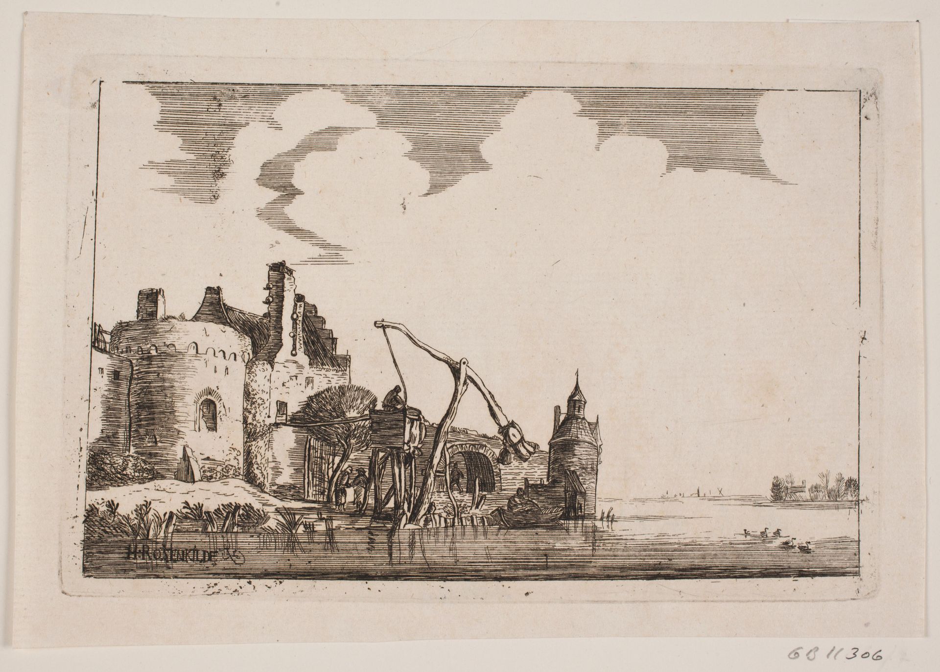 Forfaldne bygninger ved en flod by H. Rosenkilde