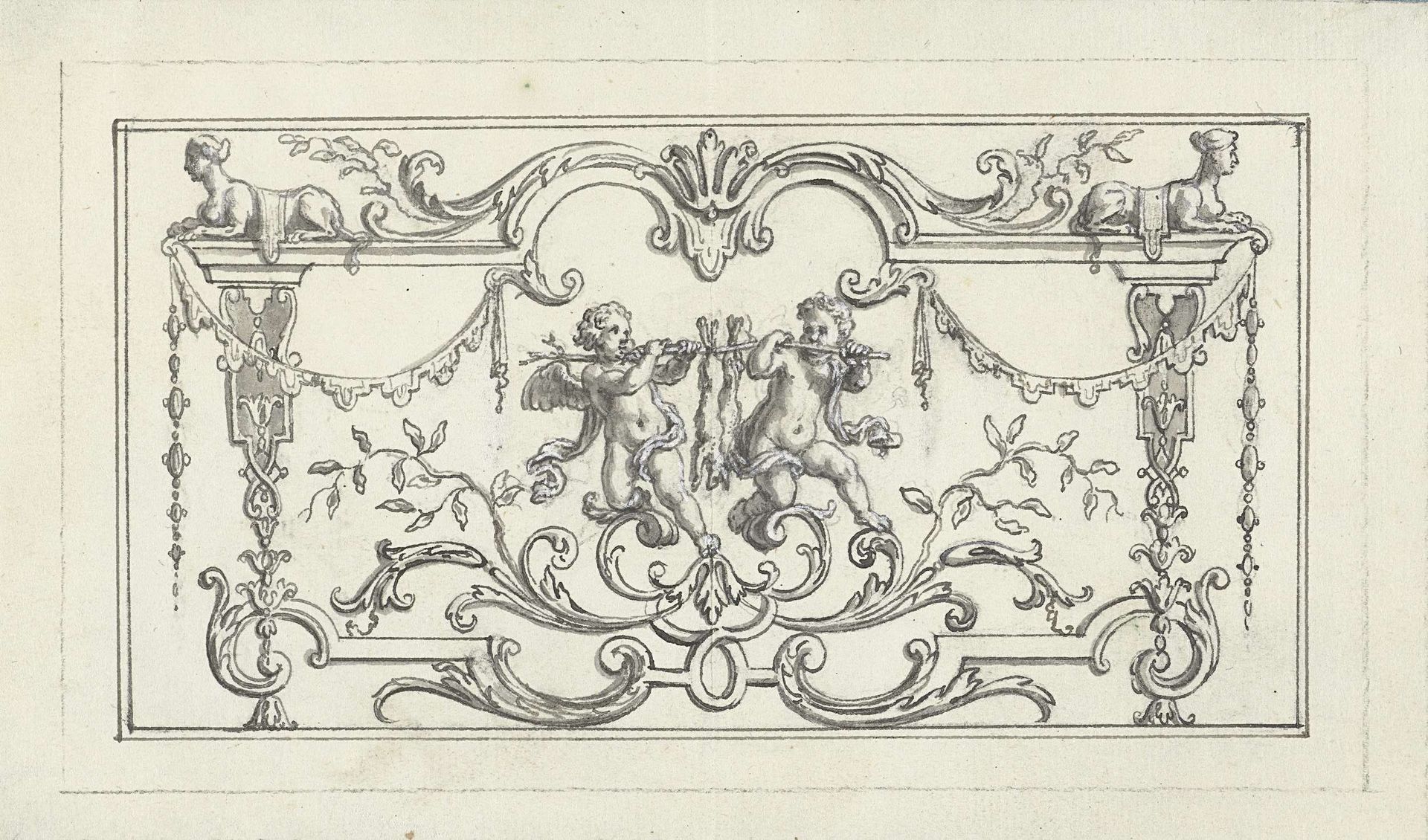 Paneelvulling met putti die gedode hazen dragen by Bernard Picart
