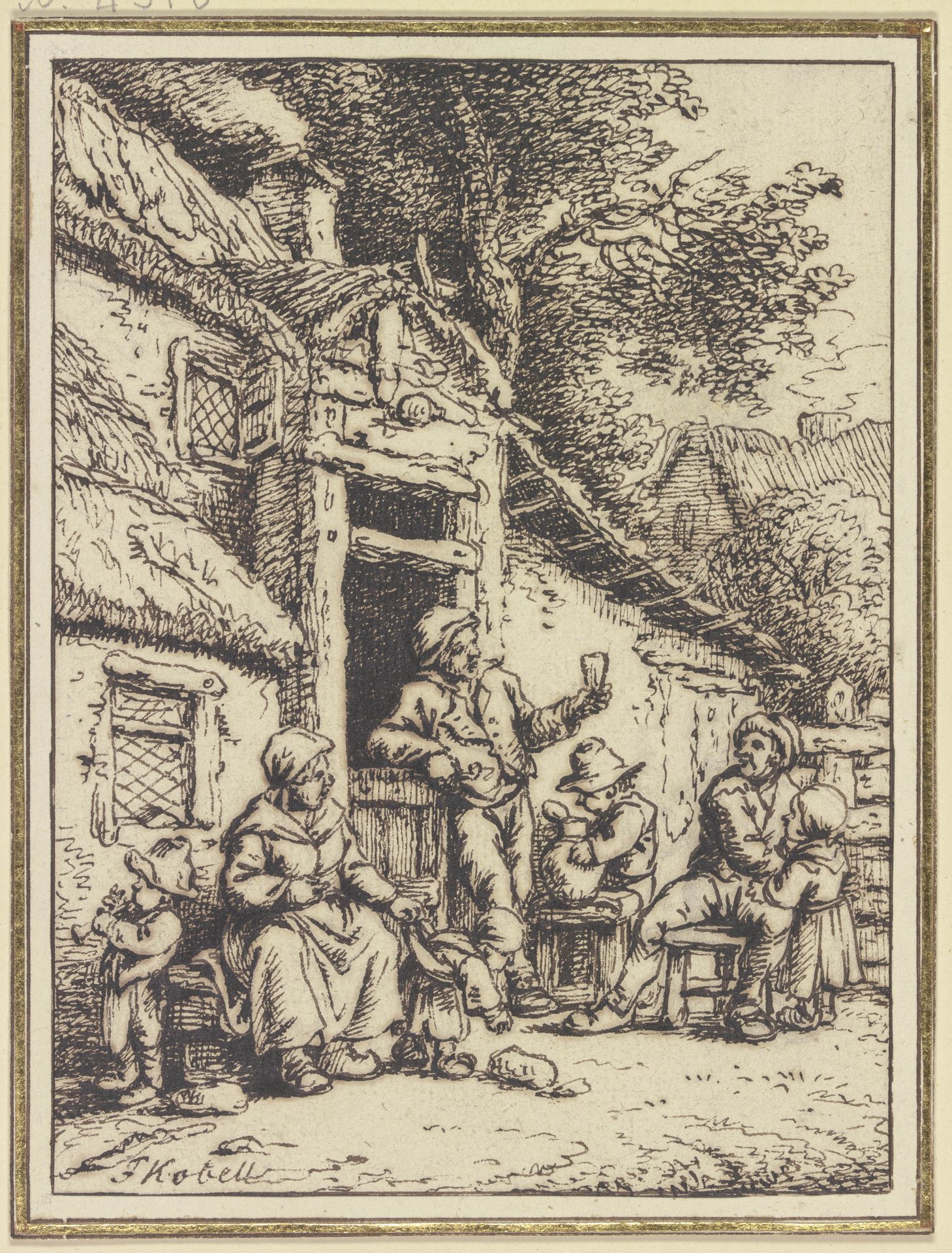 Bauernpaar mit fünf Angehörigen vor einem Haus by Ferdinand Kobell